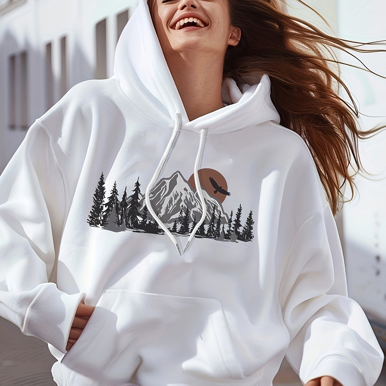 

Mountain Print Hoodie, Drawstring Casual Hooded Sweatshirt For Winter & Fall, Women's Clothing