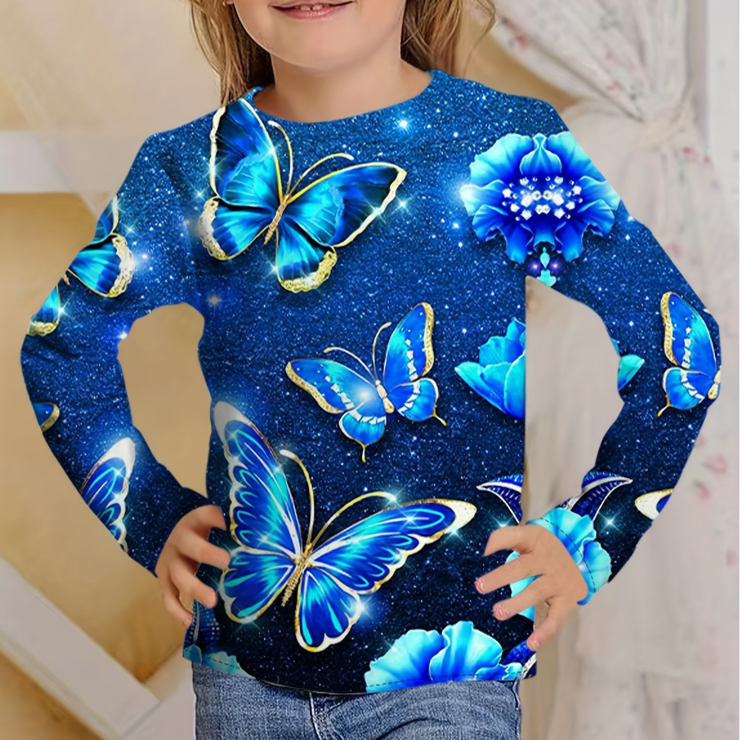 Sequin Butterfly Night Effect Print T-shirt Girls' 3D Print Tees For Party Fall Winter