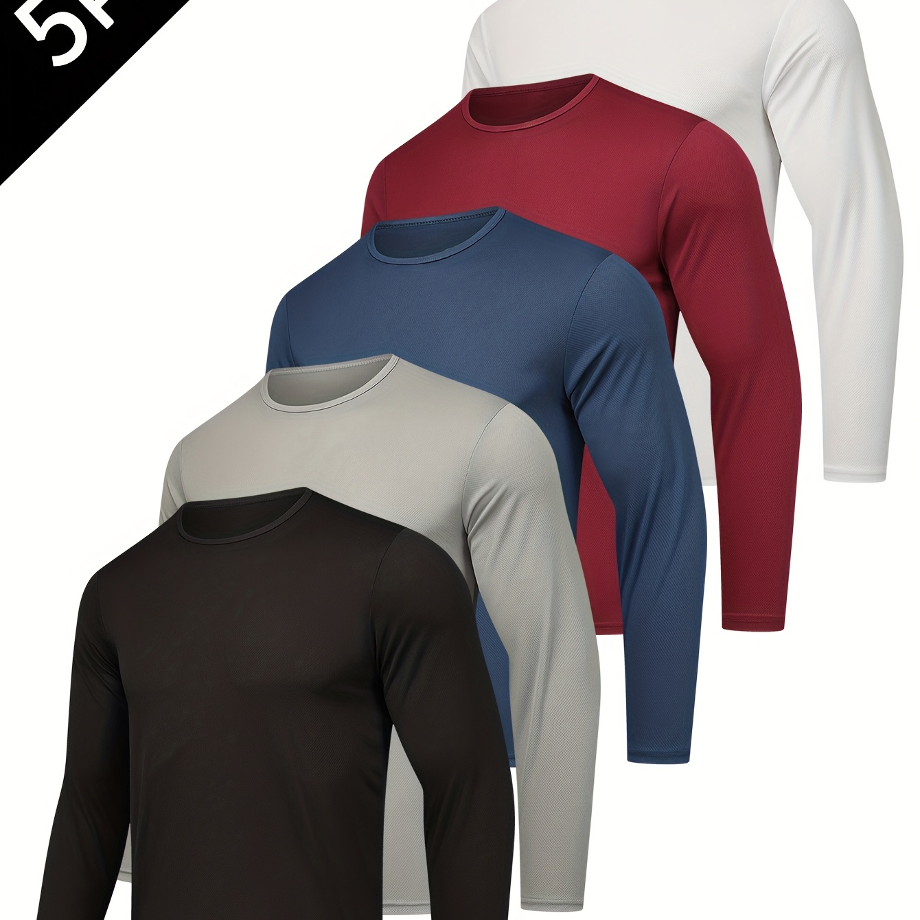 

5-pack Men's Crew Neck Long Sleeve T-shirts - 100% Polyester, Moisture Wicking, Breathable, Lightweight Sports Tops For Fall, Solid Color, Regular Fit, Pullover Style