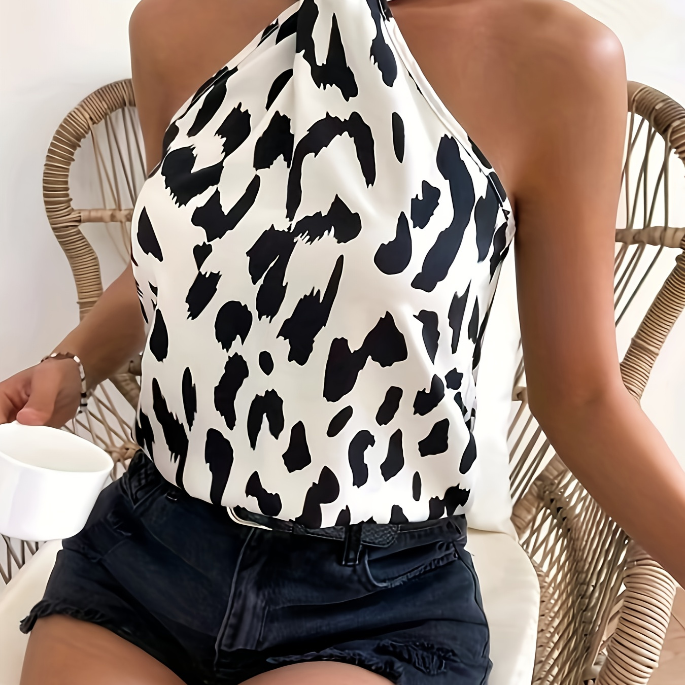 

Leopard Print Twist Front Halter Top, Elegant Backless Sleeveless Top, Women's Clothing