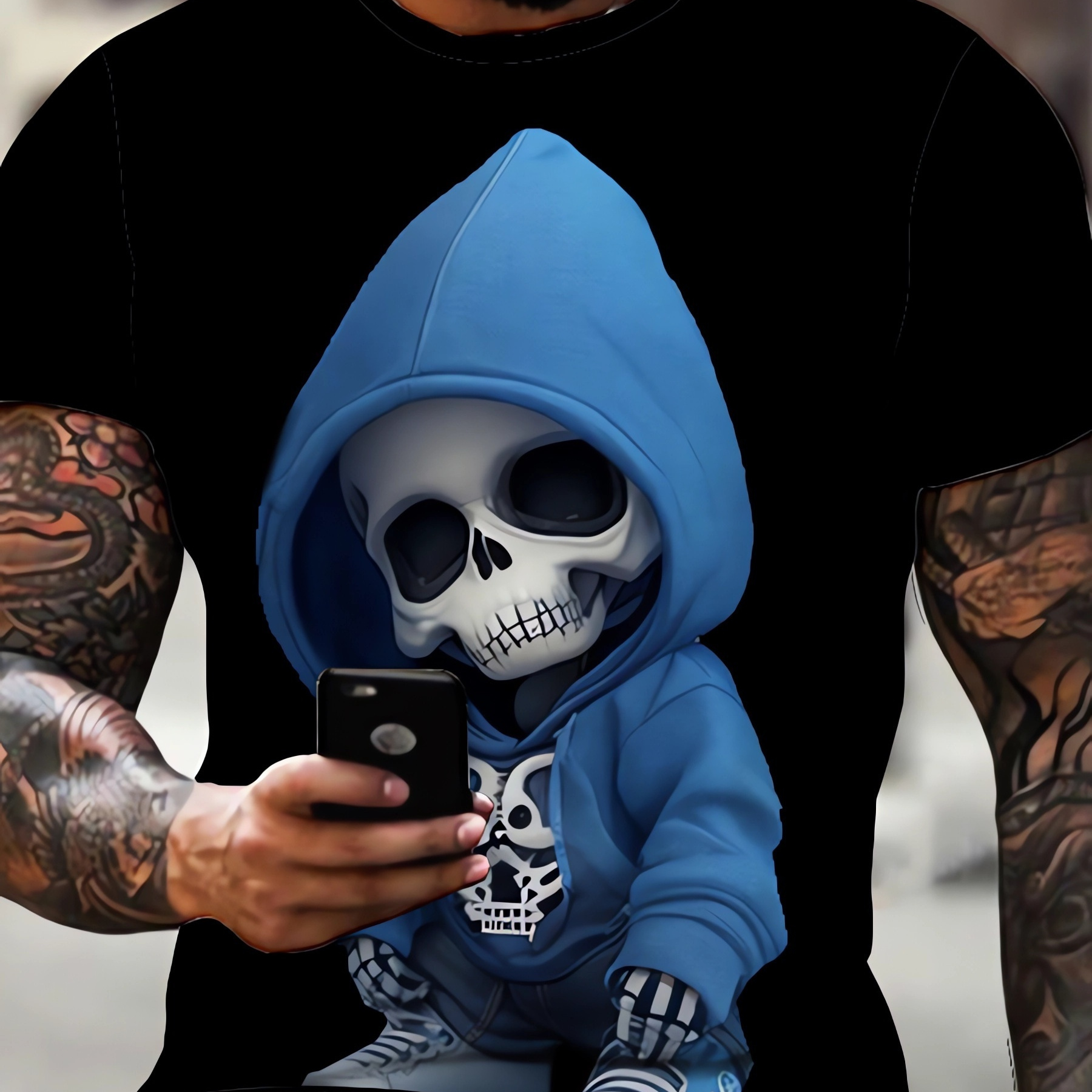 

3d Digital Skeleton In A Hoodie Pattern T-shirt With Crew Neck And Short Sleeve, Novel And Chic Tops For Men's Summer Street Wear