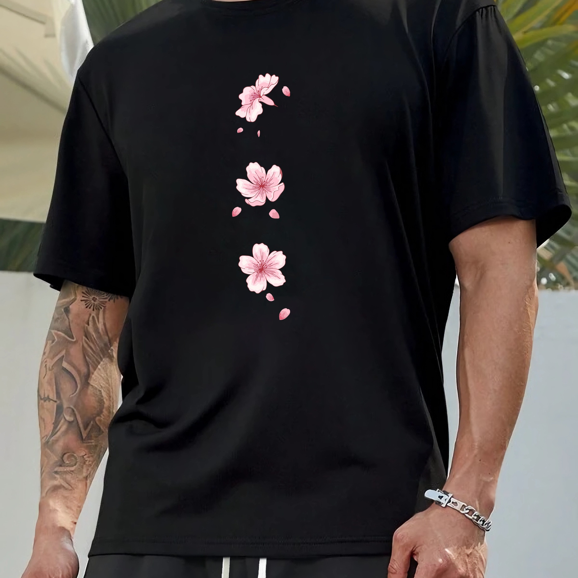 

Peach Flower Print Men's Round Neck Short Sleeve Tee Fashion Regular Fit T-shirt Top For Spring Summer Holiday