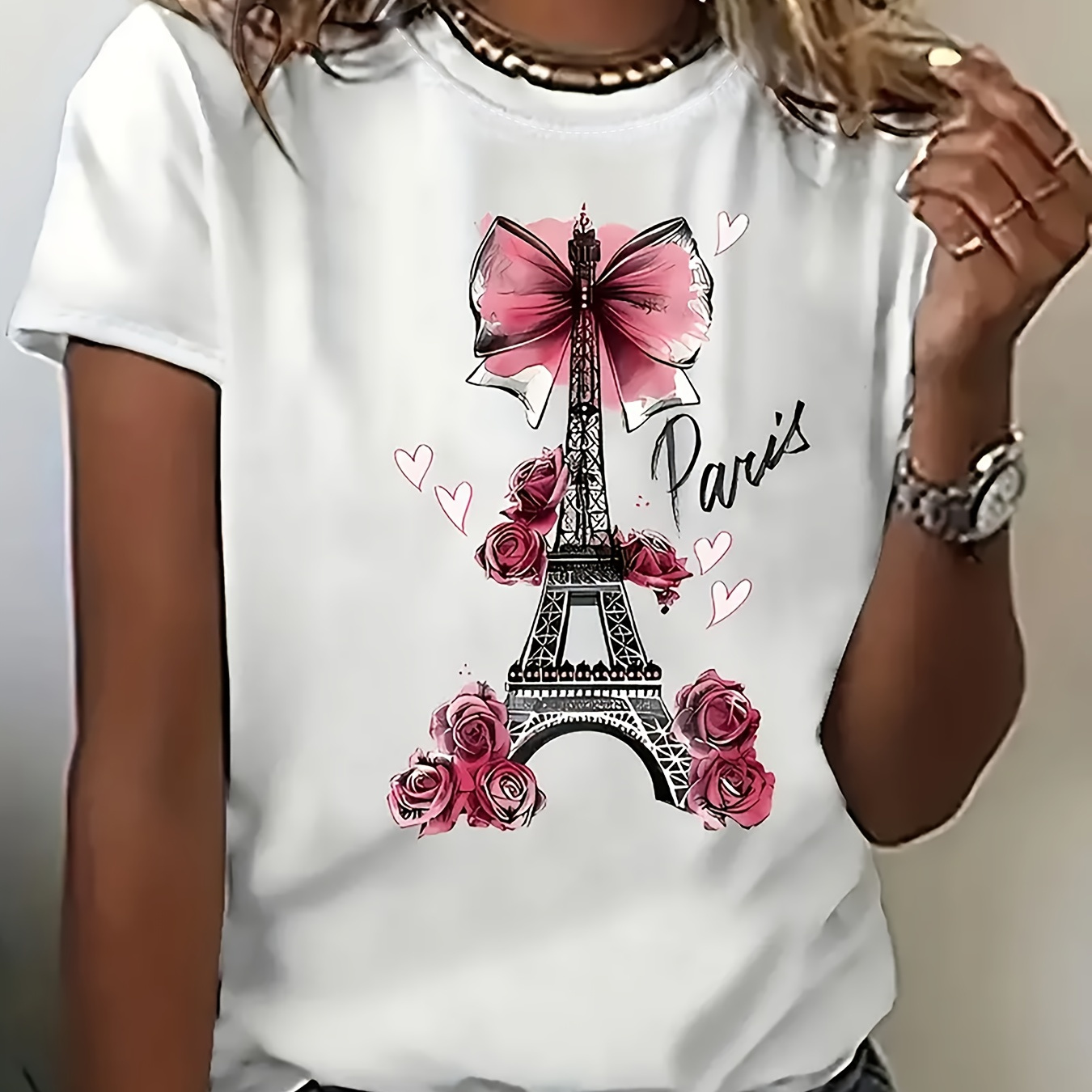 

Paris Eiffel Tower Print T-shirt, Casual Crew Neck Short Sleeve Top For Spring & Summer, Women's Clothing