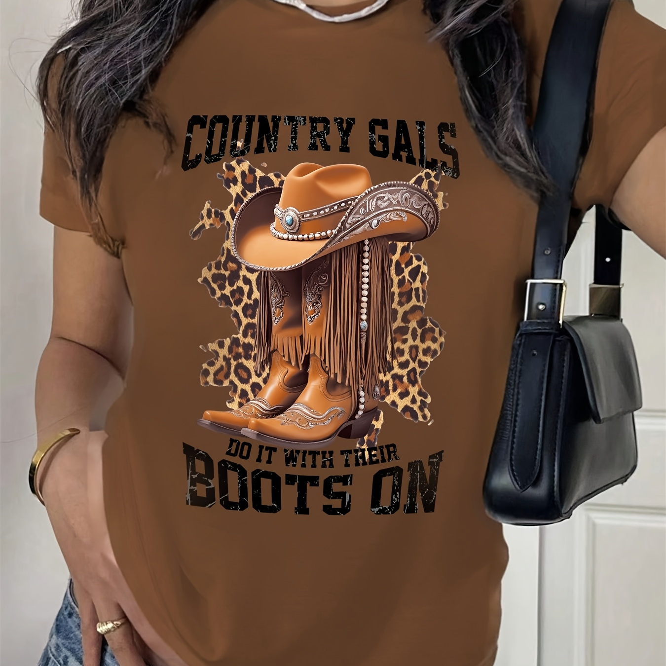 

Chic Brown "country Do Boots On" Graphic Tee - Women's Casual Western Style T-shirt With Leopard Print & Cowboy Boot Design, Soft Polyester , Crew Neck, Short Sleeve, Summer, Cowgirl Shirts For Boots