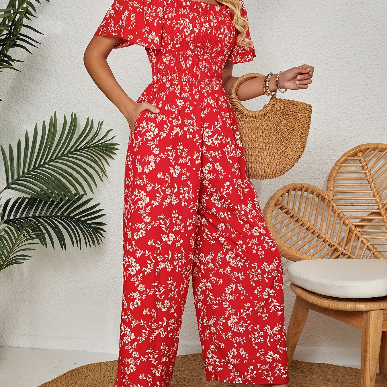 

Floral Print Shirred Wide Leg Jumpsuit, Vacation Square Neck Short Sleeve Jumpsuit, Women's Clothing