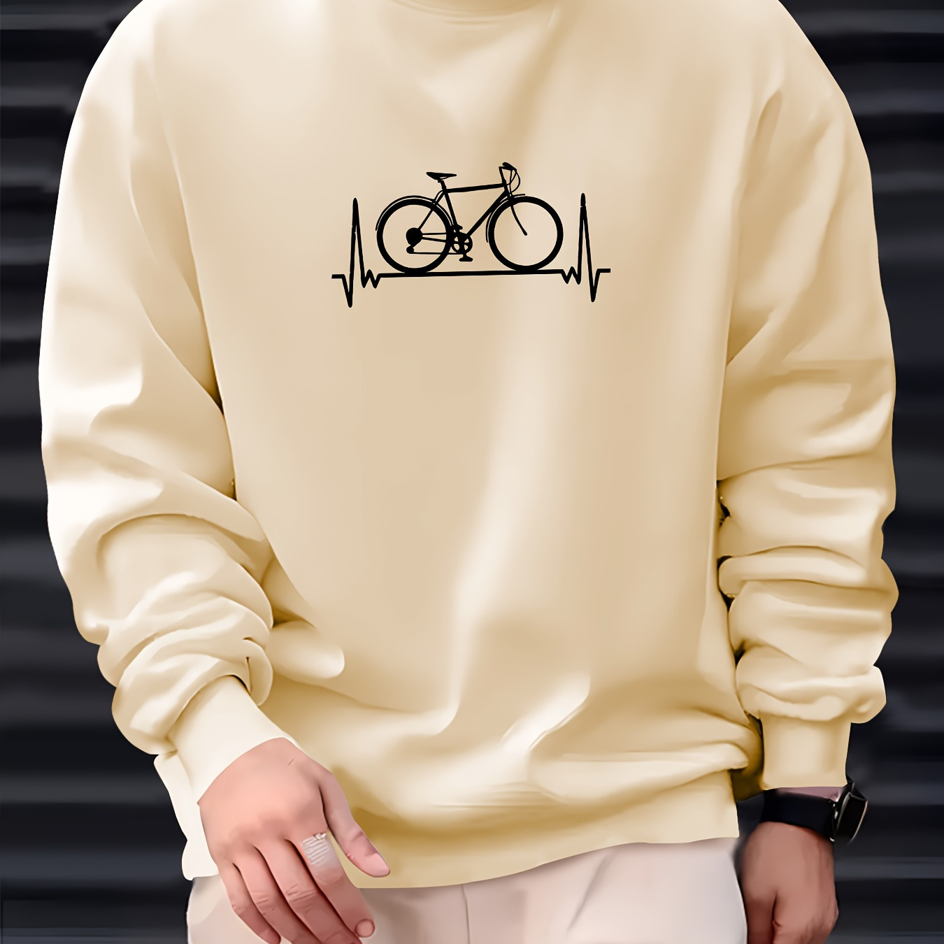 

Bike Print Fashionable Men's Casual Long Sleeve Crew Neck Pullover Sweatshirt, Suitable For Outdoor Sports, For Autumn Spring, Can Be Paired With Necklace, As Gifts