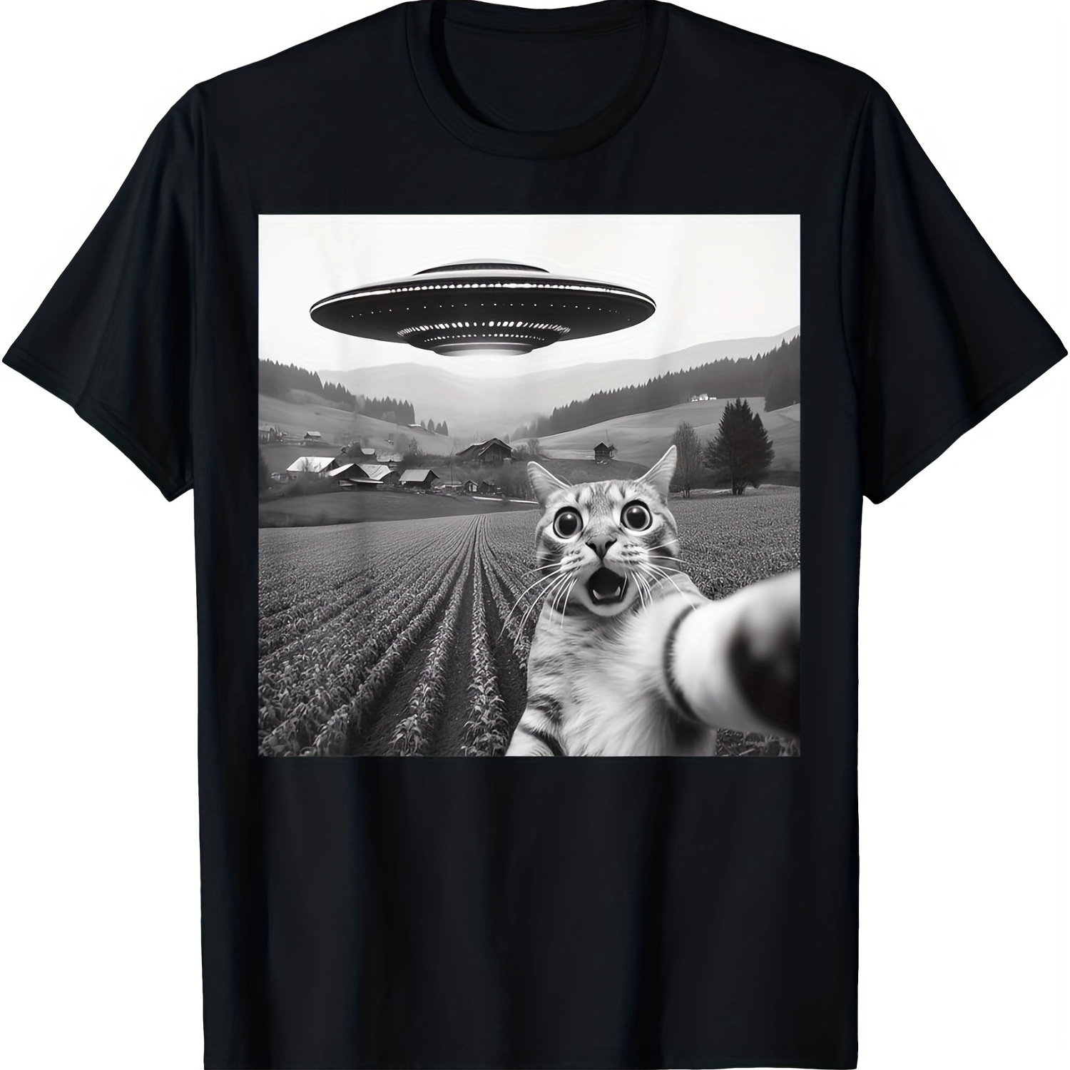 

Cat And Ufo Cotton T-shirt Men's Black 180g