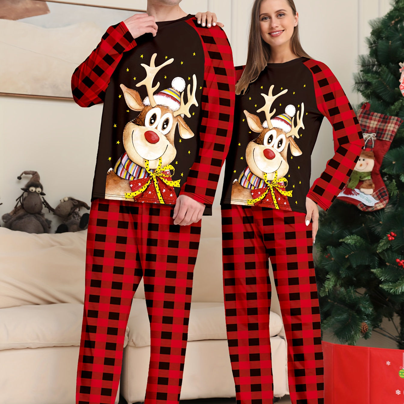 

Men's Cozy Christmas Pajama Set - Cute Cartoon Deer & Letter Print, Long Sleeve & Pants Loungewear, Gift