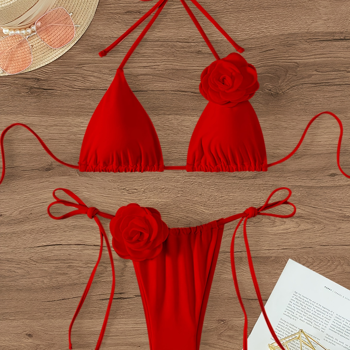 

Red Floral Decorated Lace-up Bikini Set - Elegant Deep V Neck Polyamide Knit Fabric Swimwear With High Stretch, Tie Side Bottoms, Polyester Lined - For Swimming (80% Polyamide, 20% Elastane)