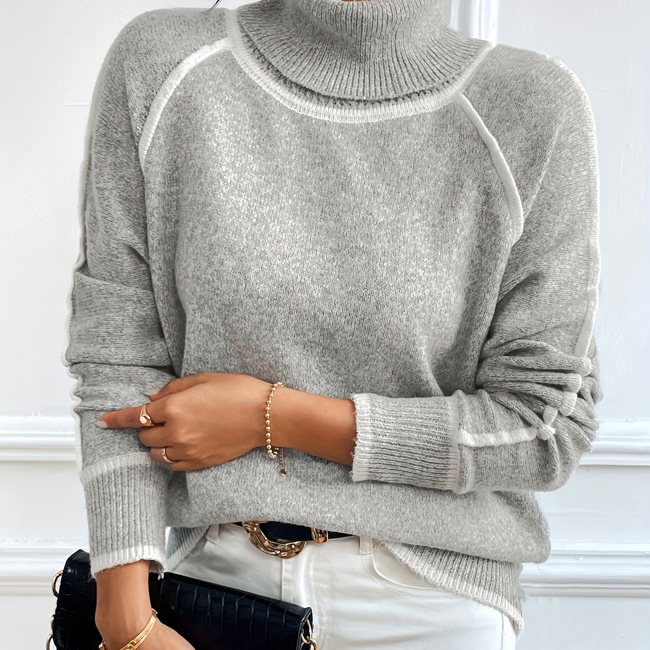 

Chic Women's Gray Turtleneck Sweater - Casual Ribbed Detail, Drop Shoulder Long Sleeves, Cozy Knit Pullover For Fall/winter, 100% Polyester