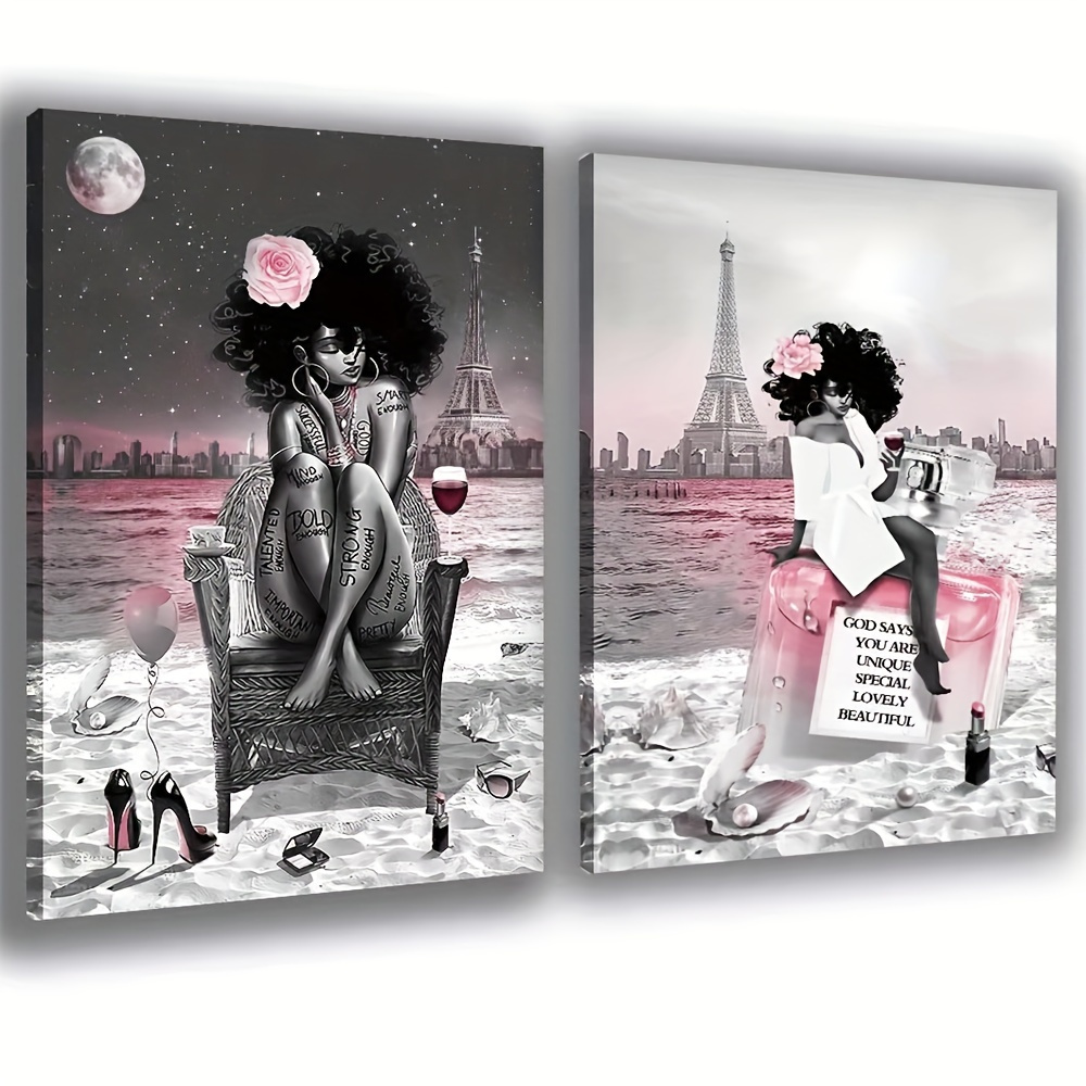 Set Of 2, Black Girl African American Canvas Wall Art, Women Pink And Grey On Beach Eiffel Tower Abstract Canvas Paintings For Living Room Bedroom Bathroom, Artwork Gift, No Frame, 16x24inch