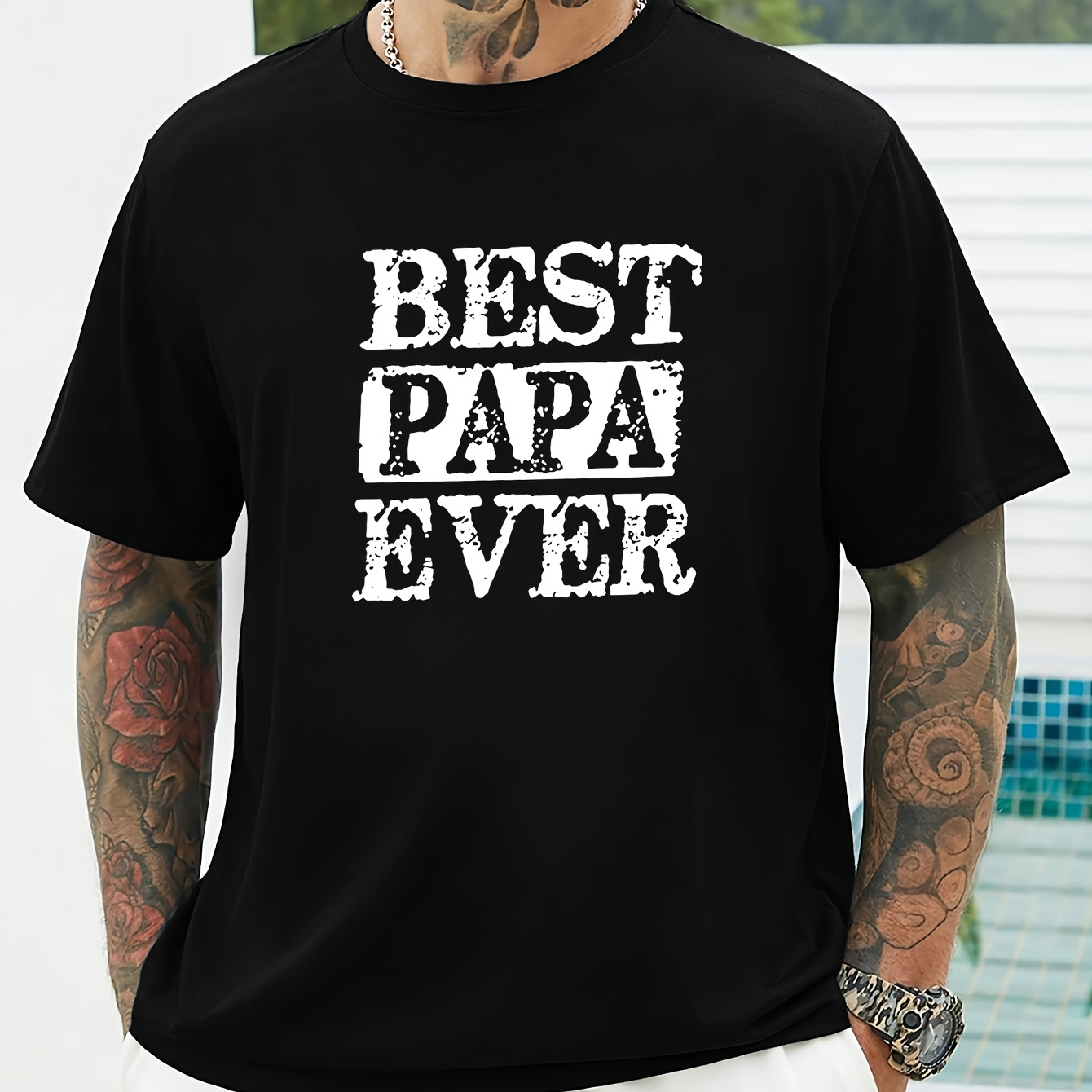 

Best Papa Ever Print, Men's Round Crew Neck Short Sleeve, Simple Style Tee Fashion Regular Fit T-shirt, Casual Comfy Breathable Top For Spring Summer Holiday Leisure Vacation Men's Clothing As Gift