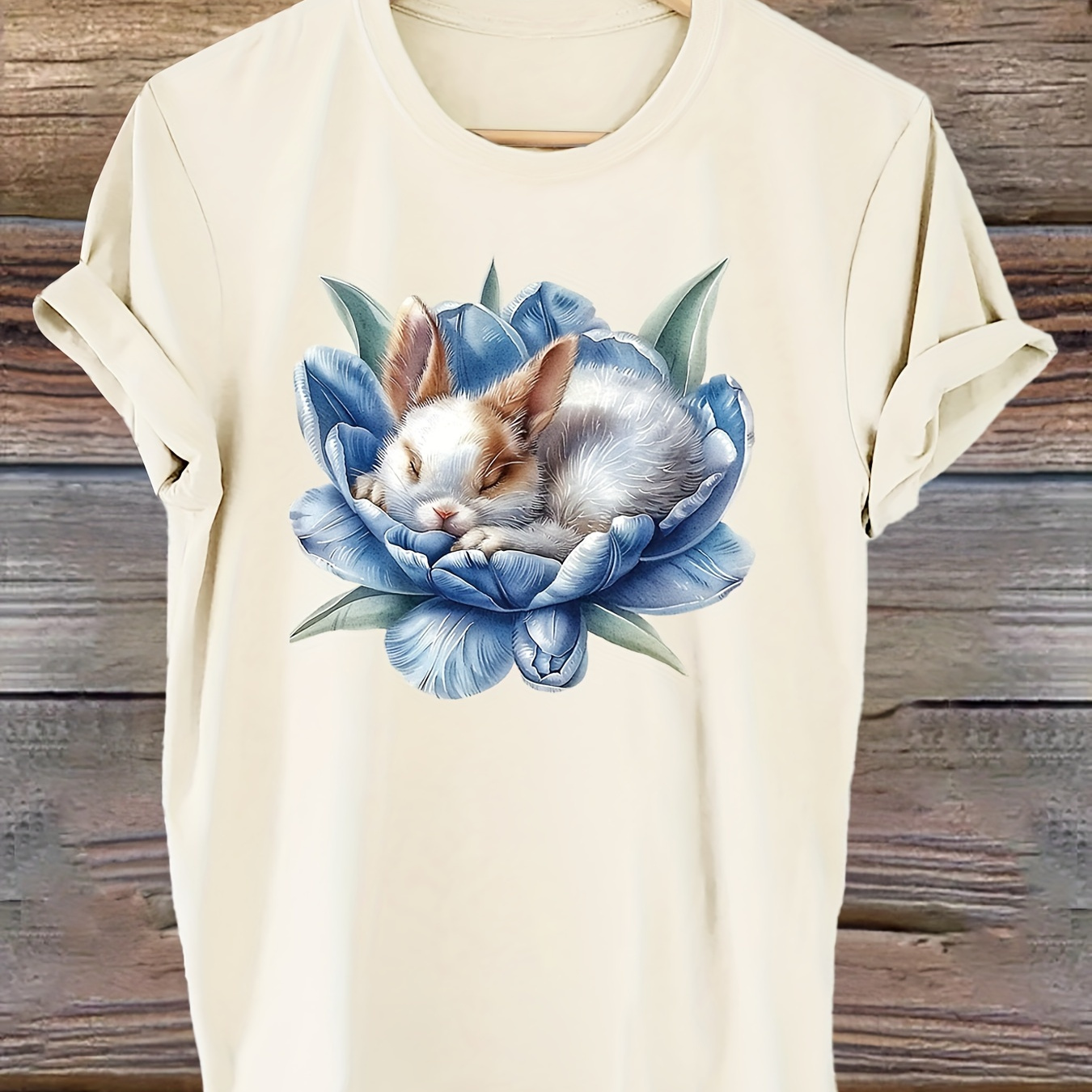 

Rabbit Print T-shirt, Short Sleeve Crew Neck Casual Top For Summer & Spring, Women's Clothing