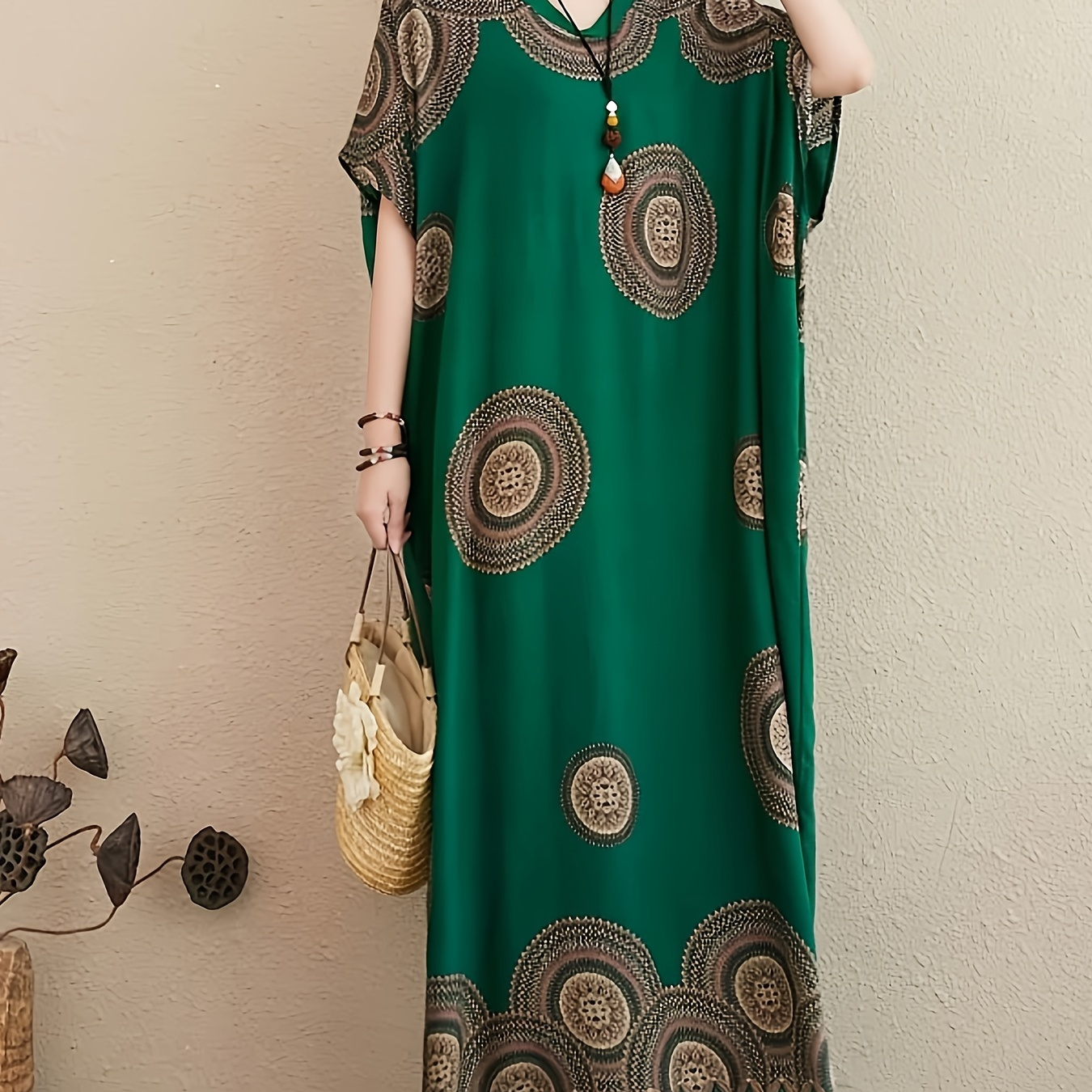 

Size Boho V-neck Maxi Dress With Pockets - Rayon, Non-sheer Printed Long Dress For Women