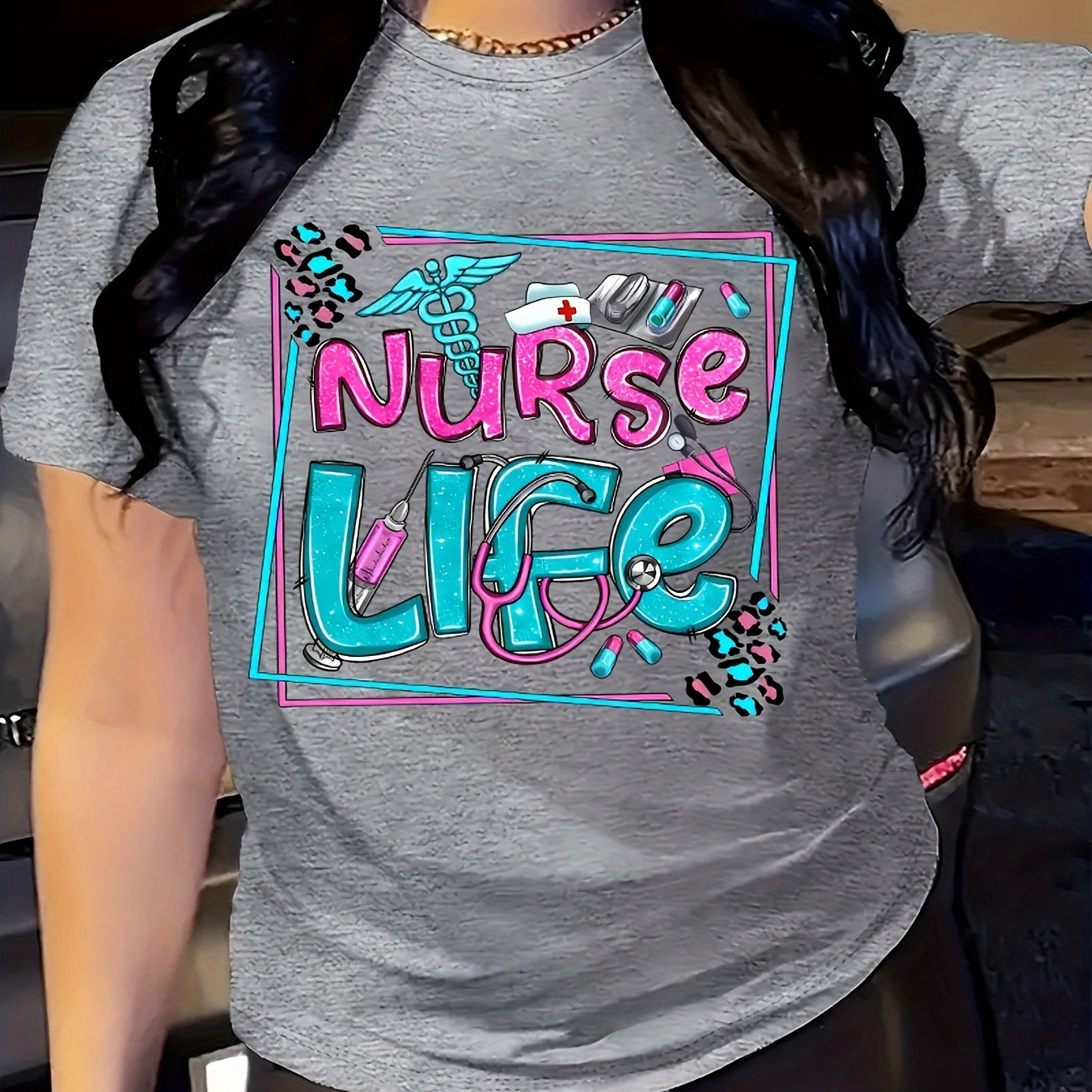 

Women's Nurse Life Graphic T-shirt - 100% Polyester Casual Crew Neck Knit Fabric Top With Alphabet Pattern, Regular Length For All Seasons