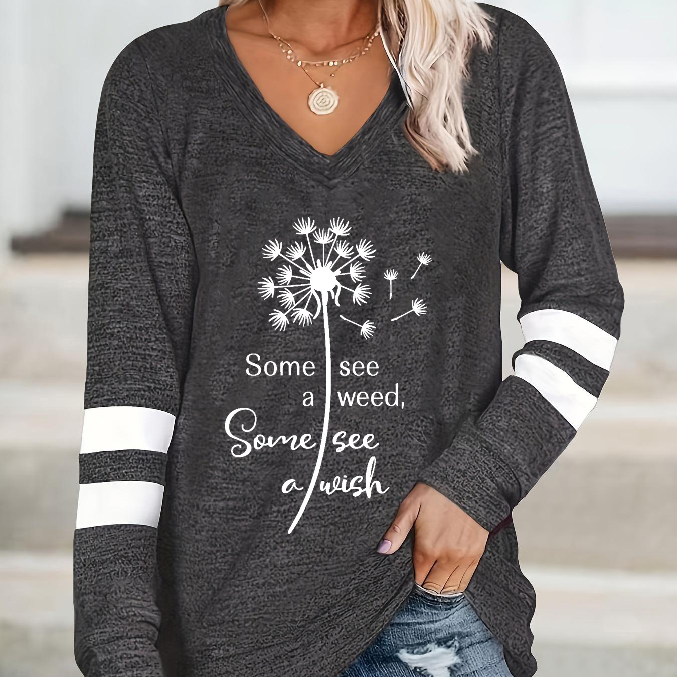 

Women's Casual V-neck T-shirt With Sunflower & Letter Print - Long Sleeve, Design, Soft Rayon , Machine Washable - Spring/fall