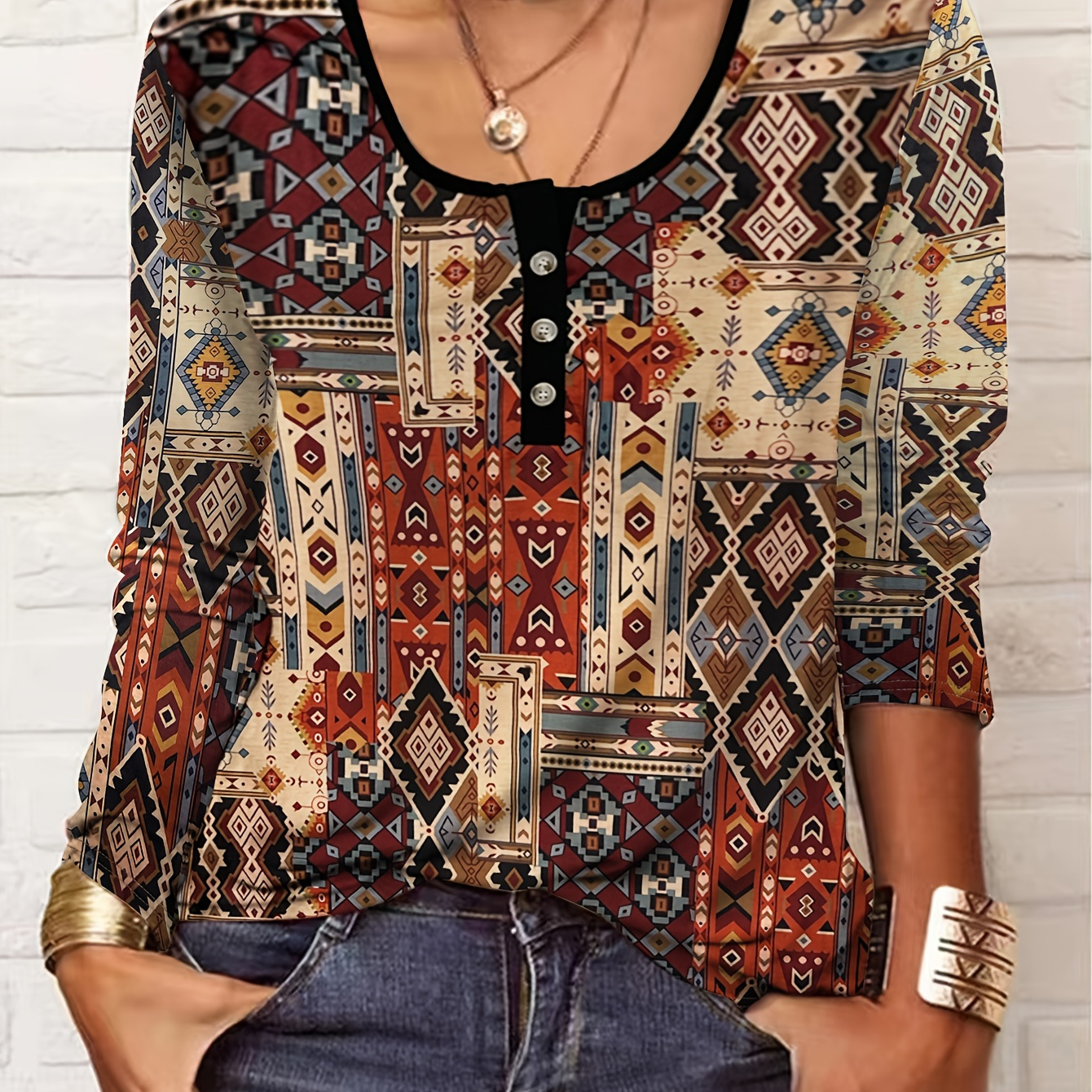 

Aztec Print Crew Neck Button T-shirt, Casual Long Sleeve T-shirt For Spring & Fall, Women's Clothing