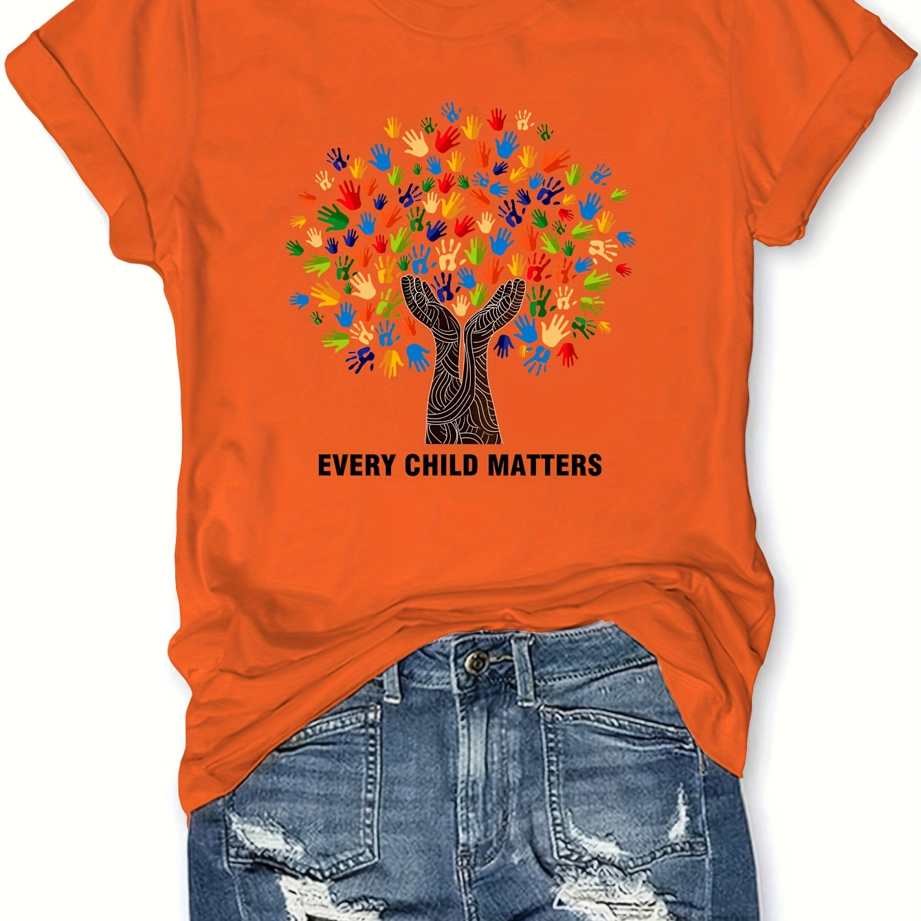

Handprint & Tree Print T-shirt, Casual Short Sleeve Crew Neck Top For Spring & Summer, Women's Clothing