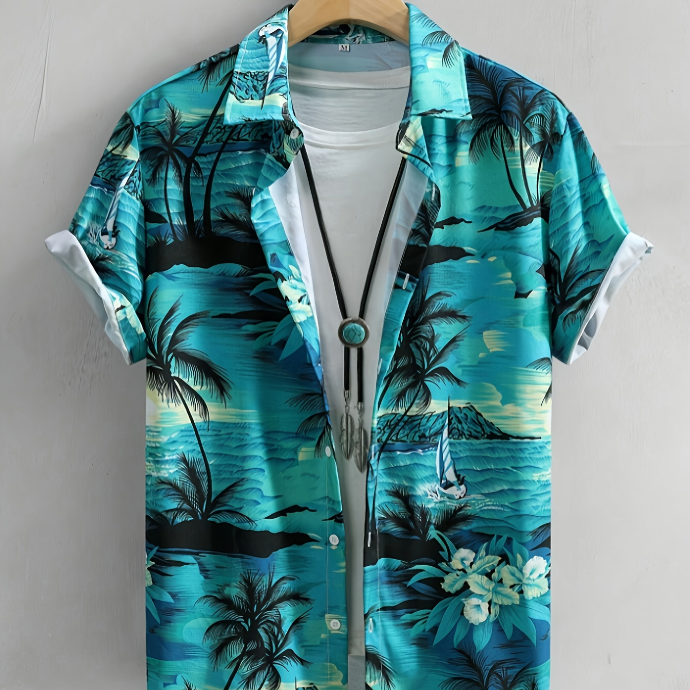 

Men's Fashion Hawaiian Style Short Sleeve Shirt, Coconut Tree Pattern Allover Print Button Up Lapel Shirts For Summer Resort Vacation