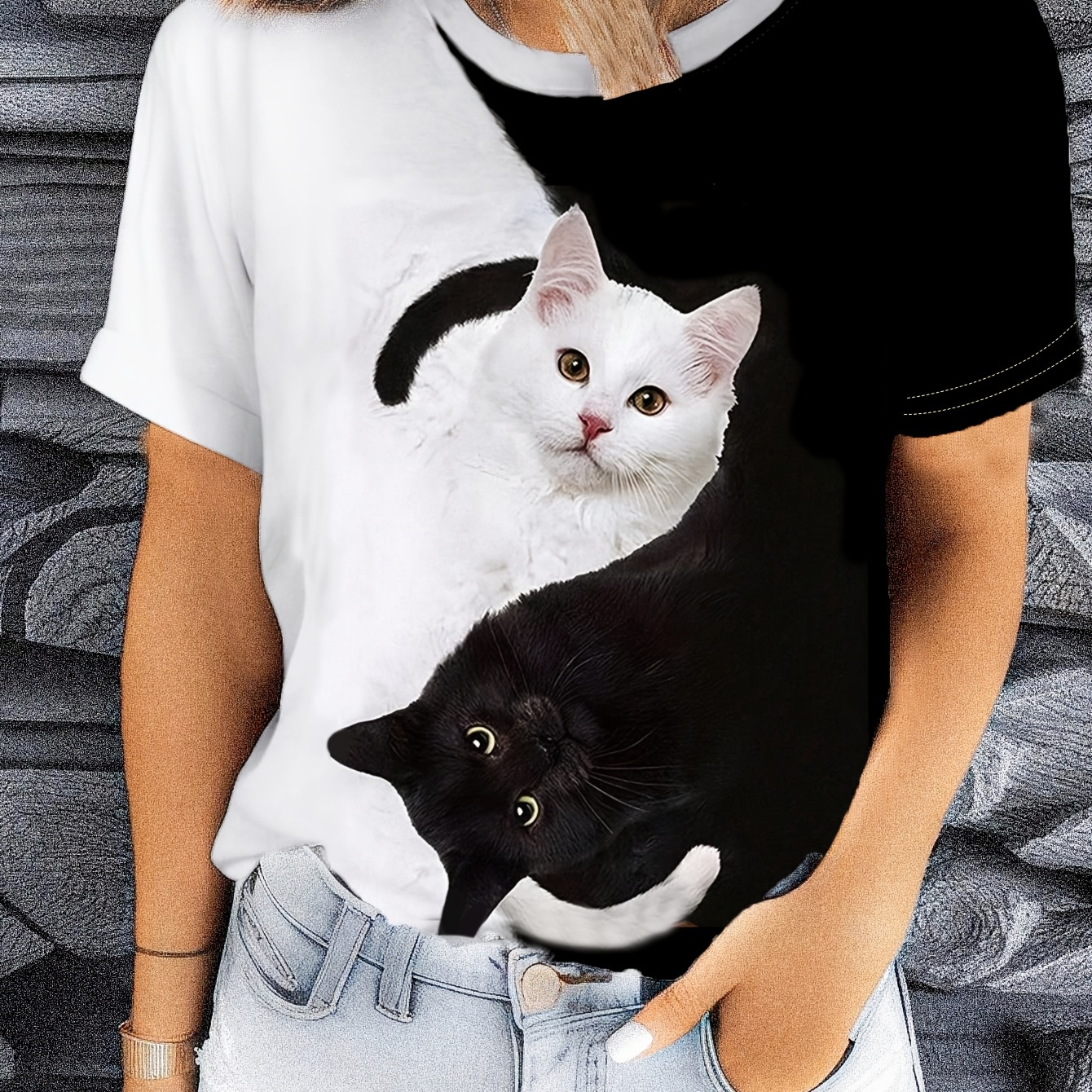 

T-shirt décontracté pour femme avec imprimé et blanc, en polyester, col rond, manches courtes, coupe régulière, adapté à toutes les .