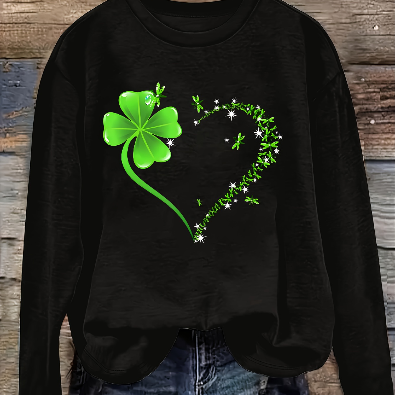 

Heart & Clover Print T-shirt, Long Sleeve Crew Neck Casual Top For Fall & Spring, Women's Clothing