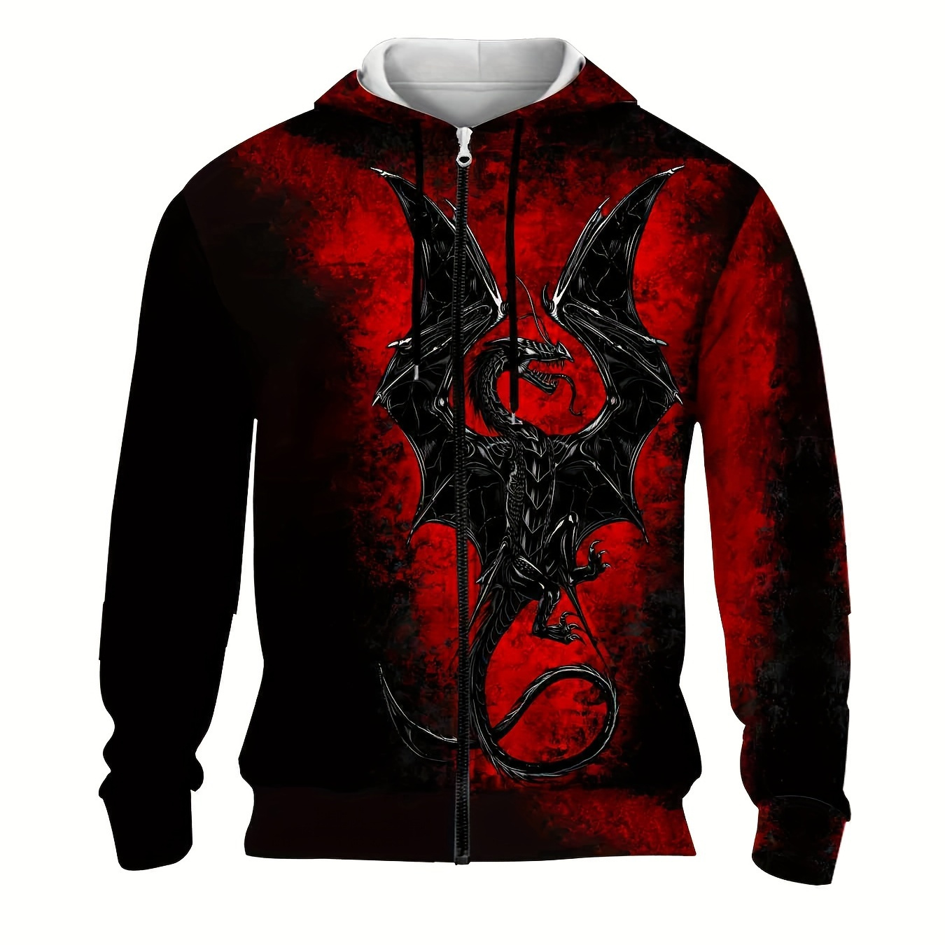 

Plus Size Men's Flying Beast Print Hooded Jacket Oversized Hoodie With Zipper For Autumn/winter, Men's Clothing