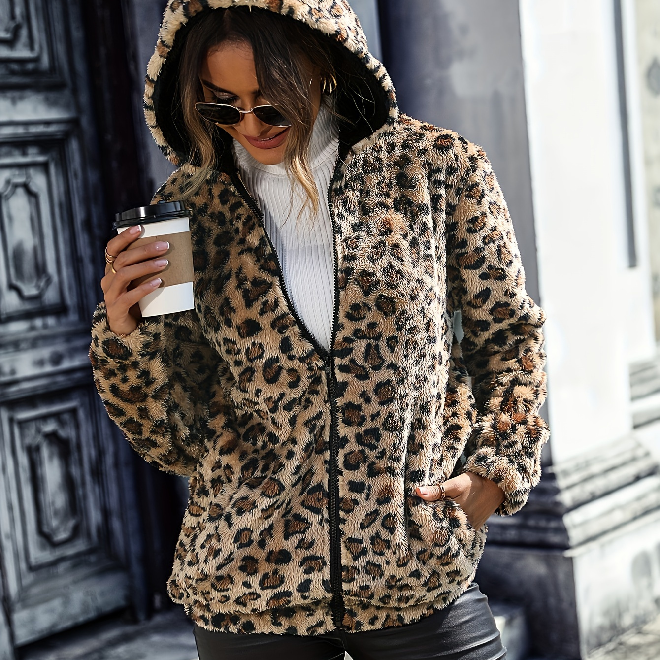 TEMU Plus Size, Autumn/winter Women's Hooded Long Sleeve Leopard Print -sided Loose Casual Plus Size Coat