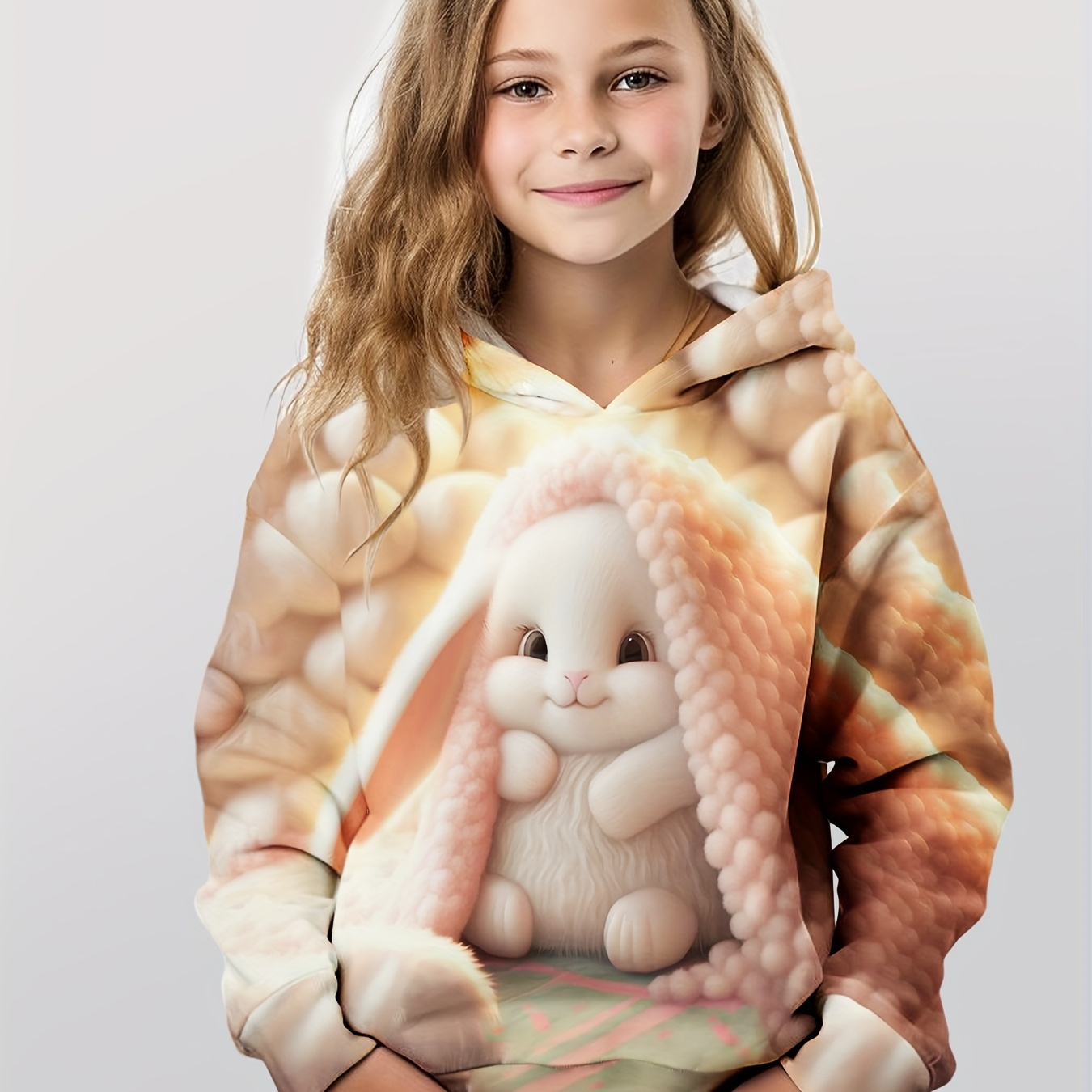 

3d Sweet Bunny Print Hooded Pullover Girls Comfy Hoodies Spring Fall Gift Easter