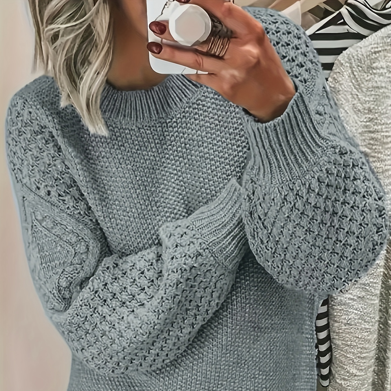 

Gray Lantern Sleeve Sweater For Women - Casual Round Neck, Loose Fit, Solid Color Pullover | Fall/winter, , Polyester