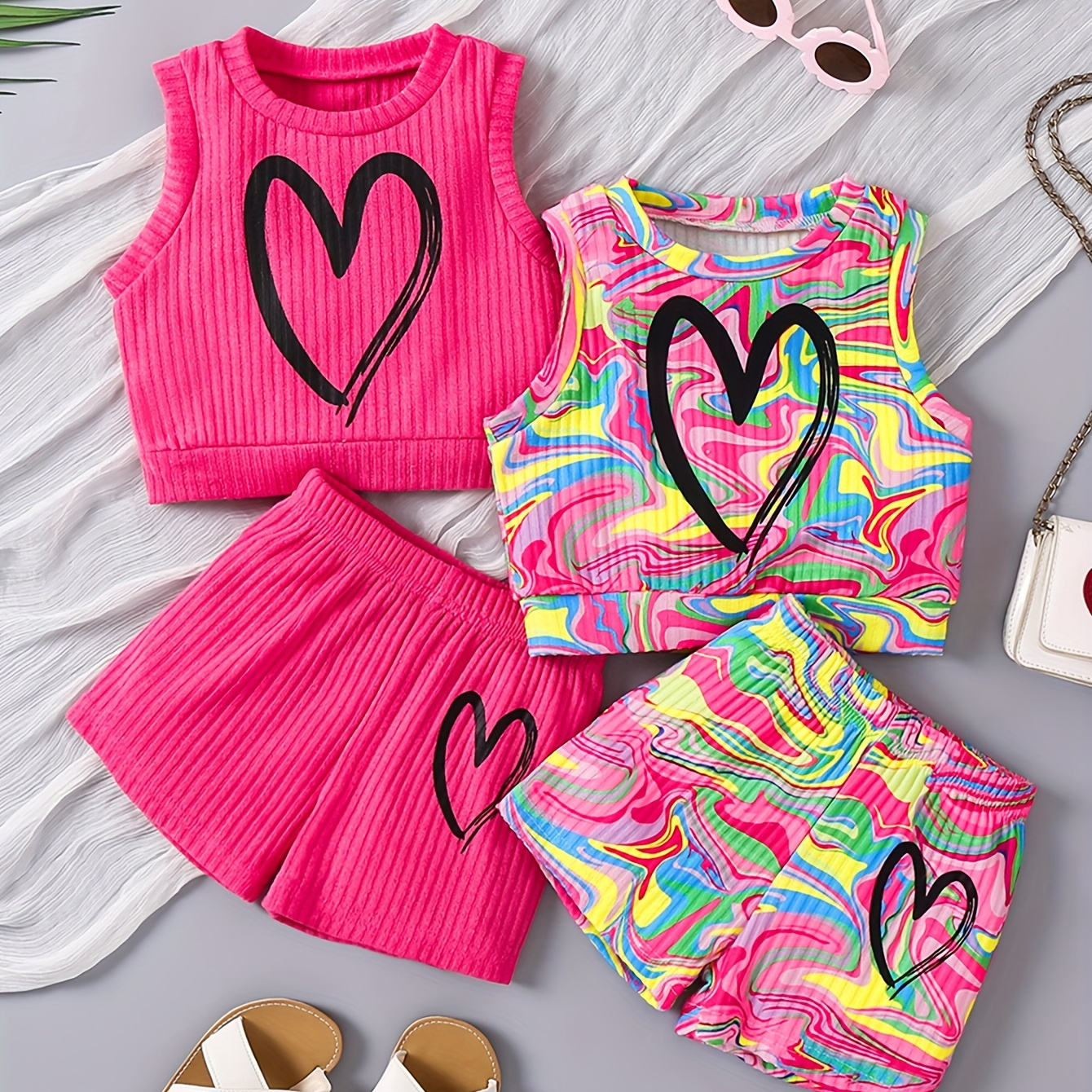 TEMU 2 Sets Girl's Outfits Tie Dye/ Heart Print Sleeveless Tops + Shorts Set Holiday Going Out Summer Clothes