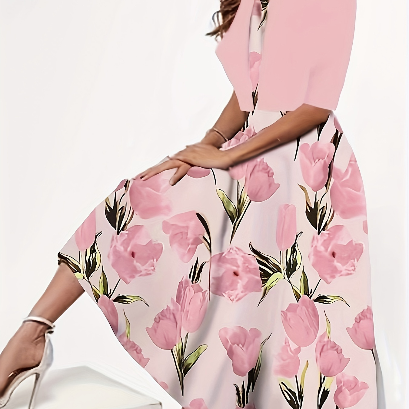 

Elegant Daily Two-piece Set, Solid Open Front Cardigan & Floral Print V Neck Dress Outfits, Women's Clothing