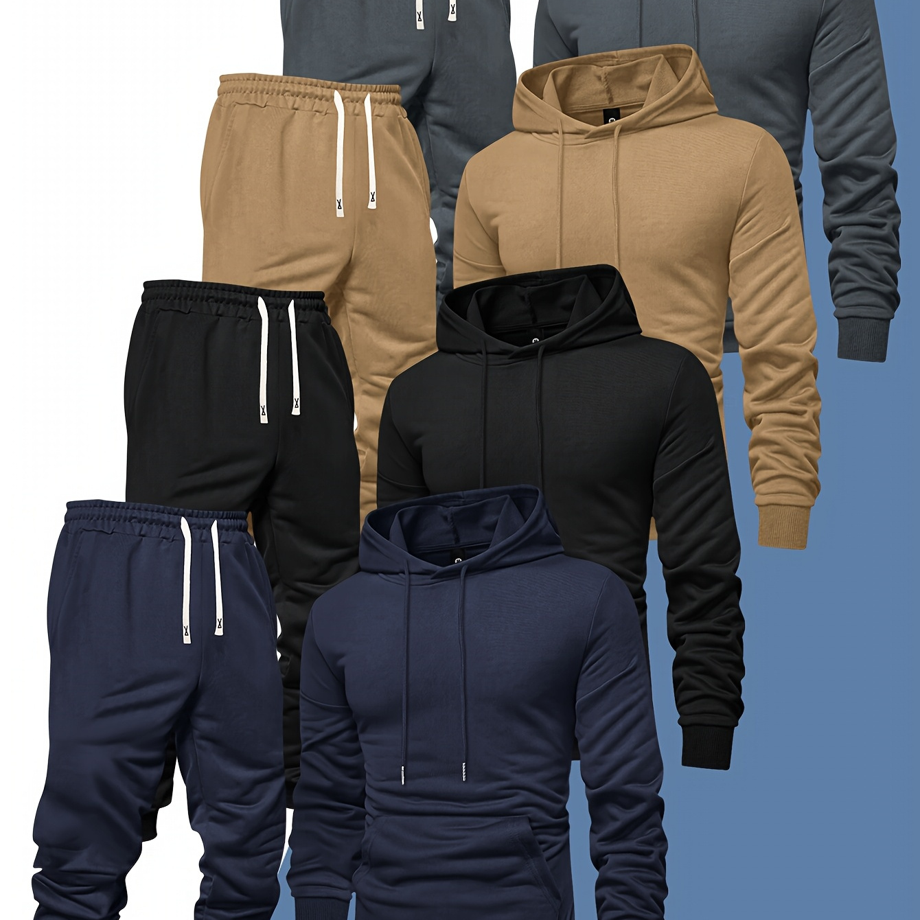 

8pcs Men's Hoodie And Sweatpants Set For Casual Sports And Autumn, Featuring A Solid Color Pullover Hoodie With Regular Long Sleeves And An Waistband With Drawstring, With Ribbed Cuffed Pants.