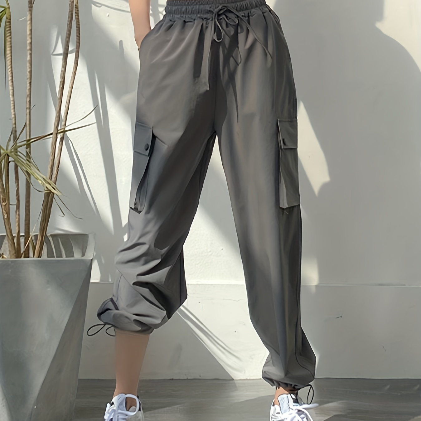 Shirred Waist Wide Leg Pants Casual Solid Slant Pockets - Temu Australia