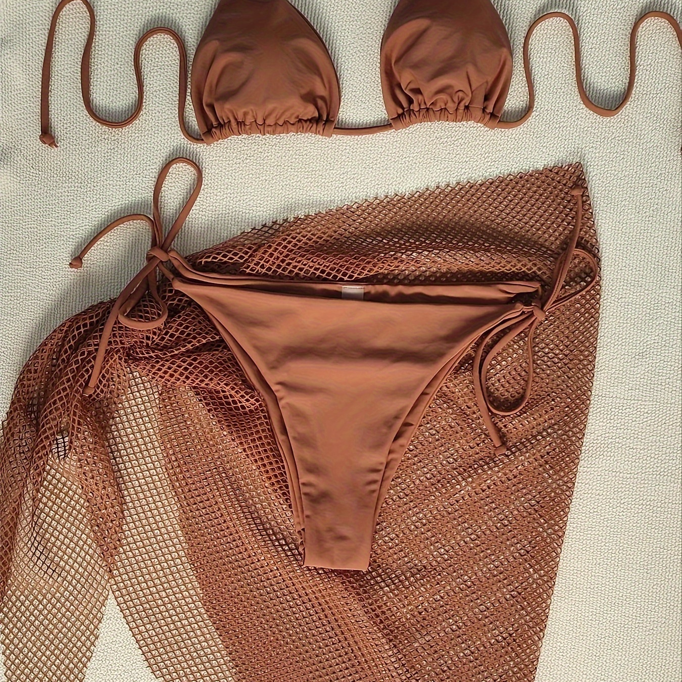 

Ensemble bikini sexy unicolore 3 pièces, haut de bikini triangle à encolure en V, bas à nouer sur le côté avec jupe de plage, maillots de bain pour femmes et vêtements de plage