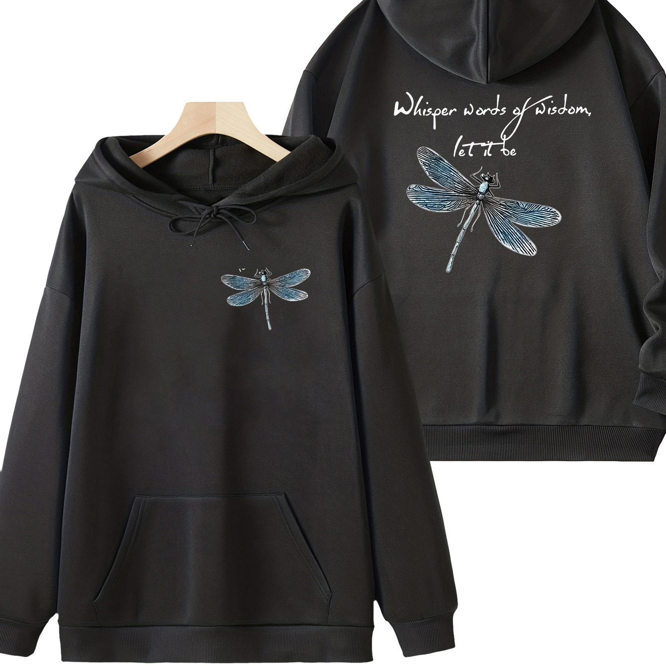

Plus Size Casual Sweatshirt, Women's Plus Trendy Blue Dragonfly Print Long Sleeve Drawstring Hoodie With Pockets