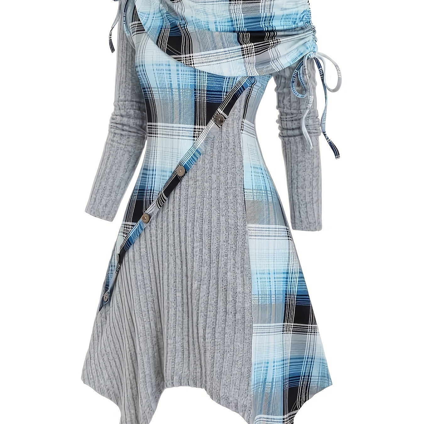 

Plus Size Plaid Pattern Panel Dress, Casual Foldover Button Decor Long Sleeve Dress, Women's Plus Size Clothing