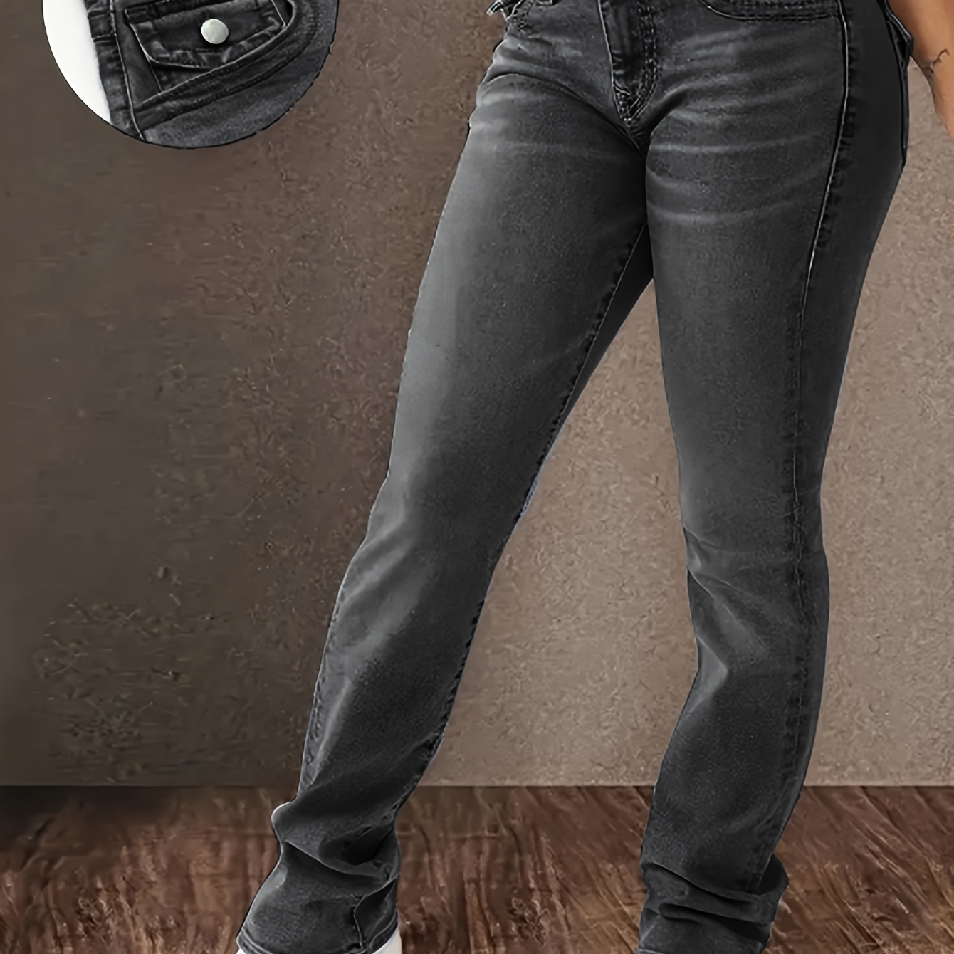 

Women's Plus Size Stretch Denim Jeans With Double Button Closure And Pockets - Elegant Straight-leg Design, Machine Washable