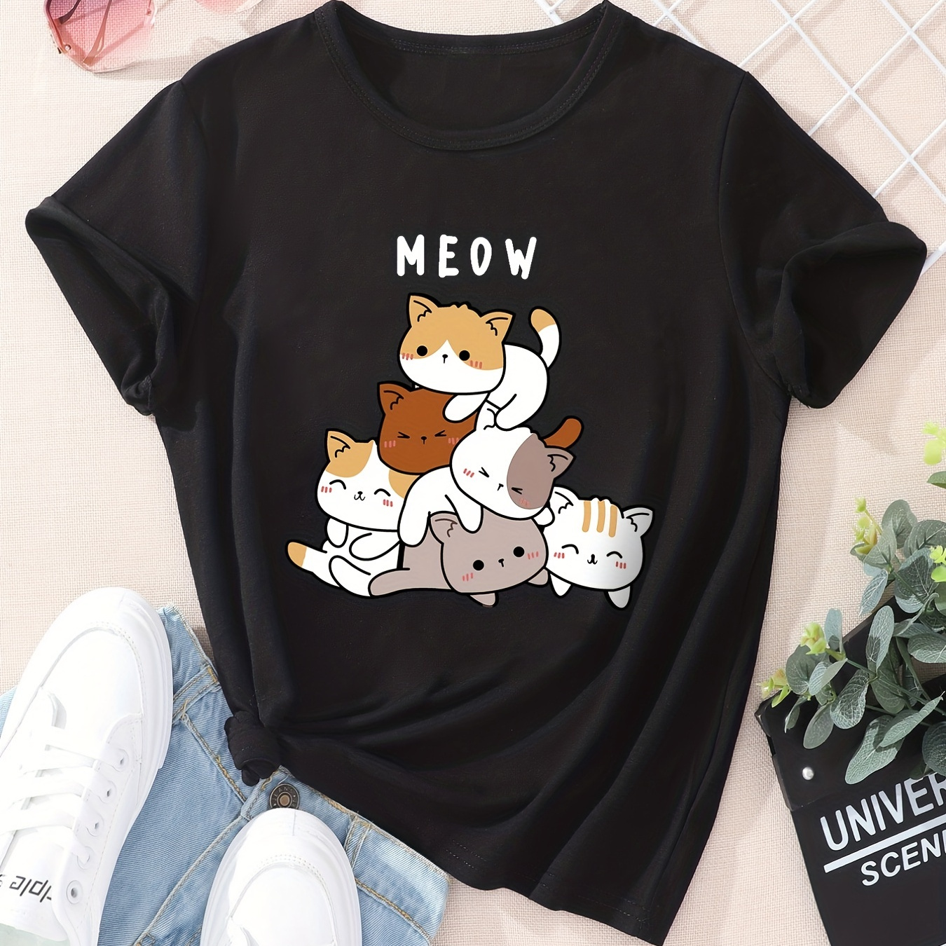 Cartoon Cats Print T shirt Cute Crew Neck Short Sleeve - Temu