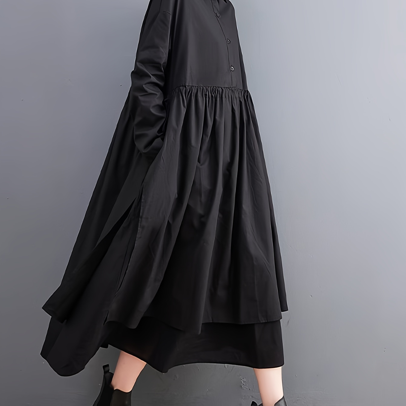 

Solid Color Loose Dress, Casual Long Sleeve Midi Dress For Spring & Fall, Women's Clothing