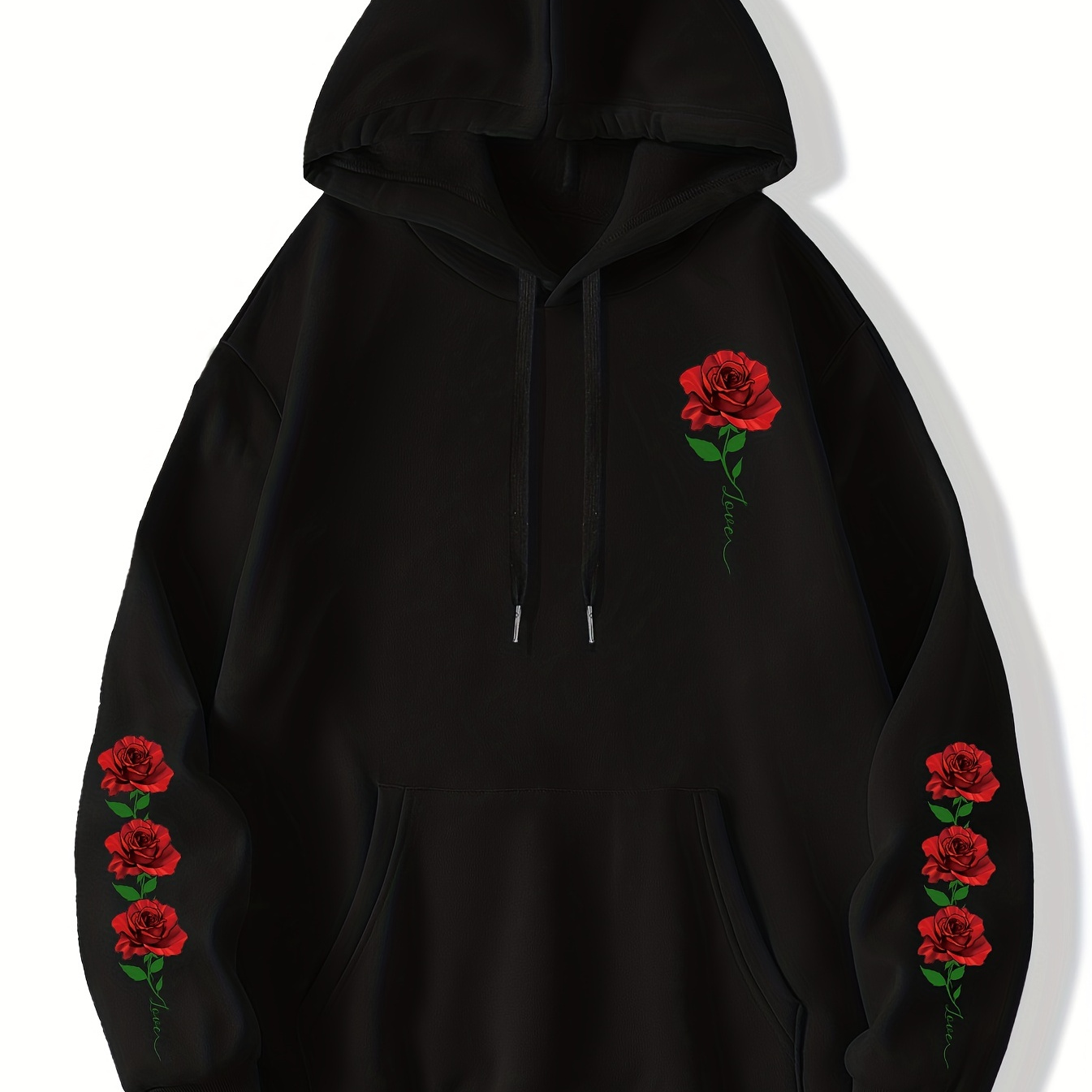 

Red Rose Print Men's Pullover Round Neck Hoodies With Kangaroo Pocket Long Sleeve Hooded Sweatshirt Loose Casual Top For Autumn Winter Men's Clothing As Gifts