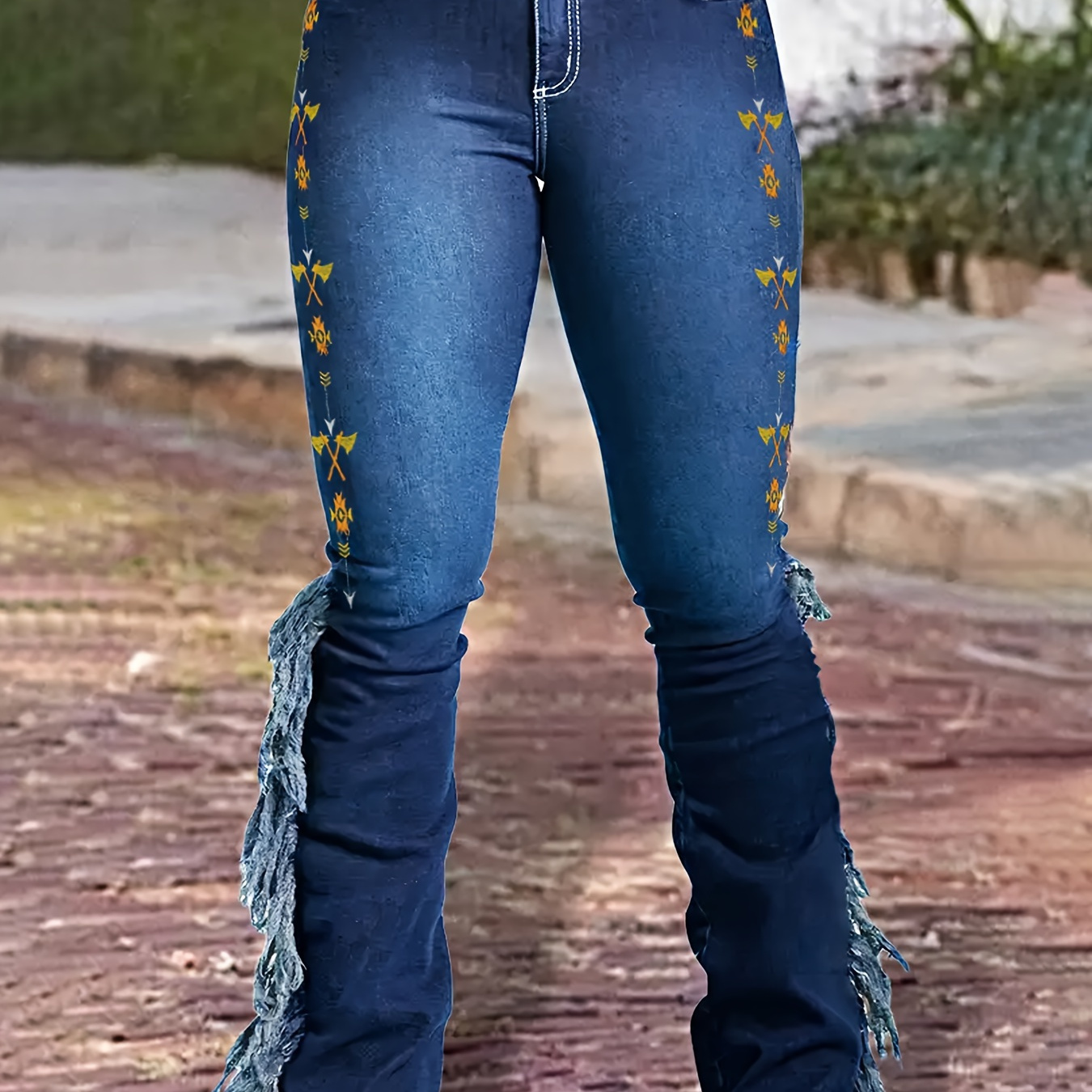 

Retro Style Embroidery Detail Bootcut Jeans, Raw Hem Fringe Casual Flare Leg Denim Pants, Women's Denim Jeans & Clothing