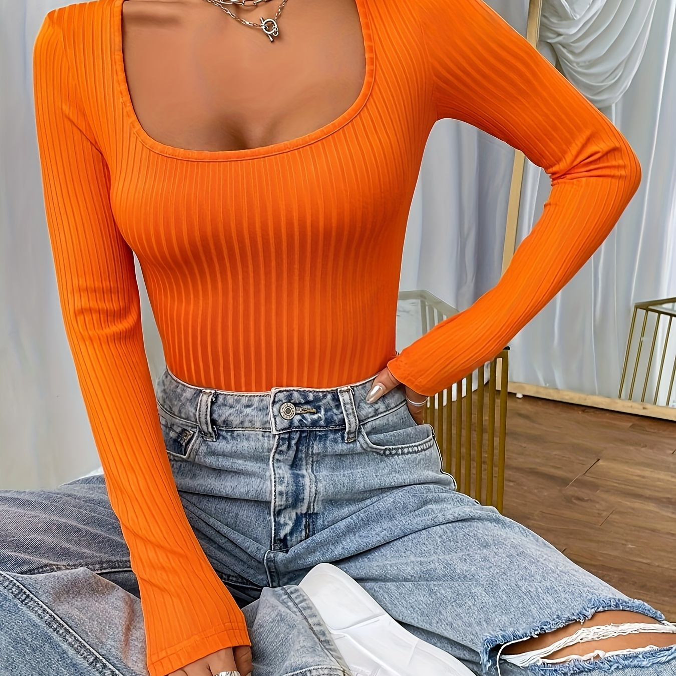 

Elegant Square Neck Ribbed T-shirt - Polyester Knit Fabric, 95% Polyester 5% Elastane, Solid Color, Regular Length, All-season Top