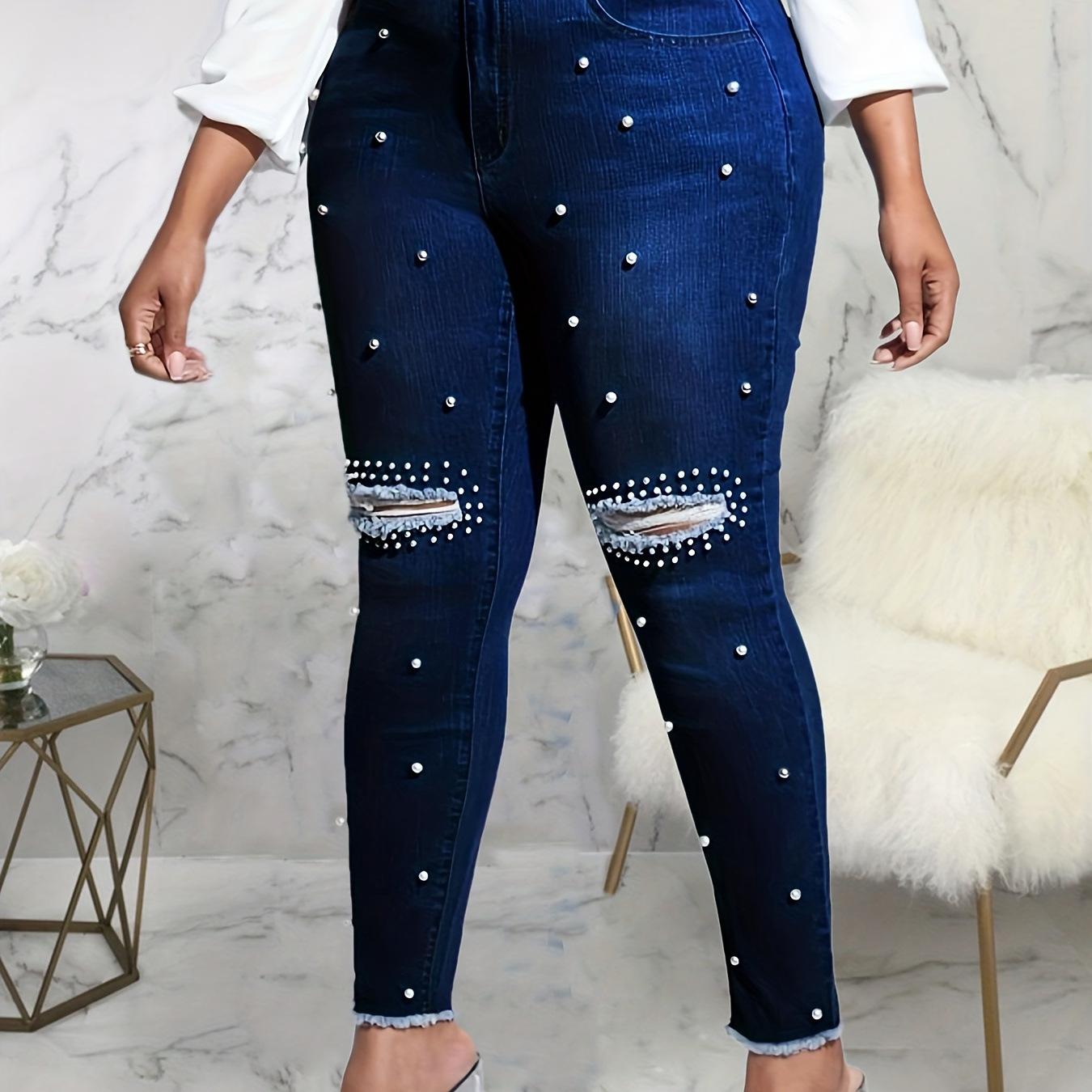 

Plus Size Casual Jeans, Women's Plus Faux Pearl Decor Washed Ripped Button Fly Fringe Trim High Rise High Stretch Skinny Jeans