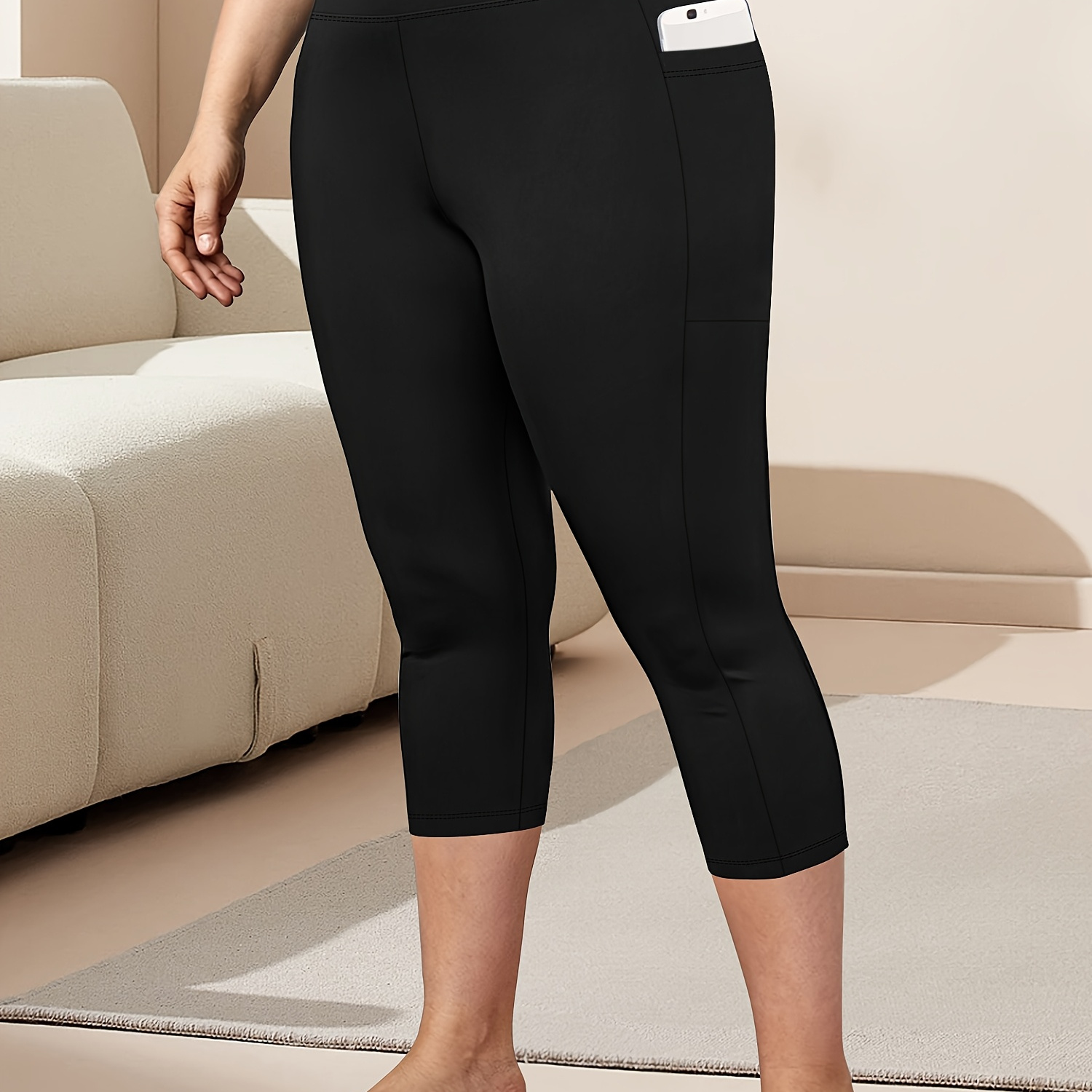 

Women's Plus Size High Waist Capri Leggings With , Plain Yoga Pants For Workout Running Gym