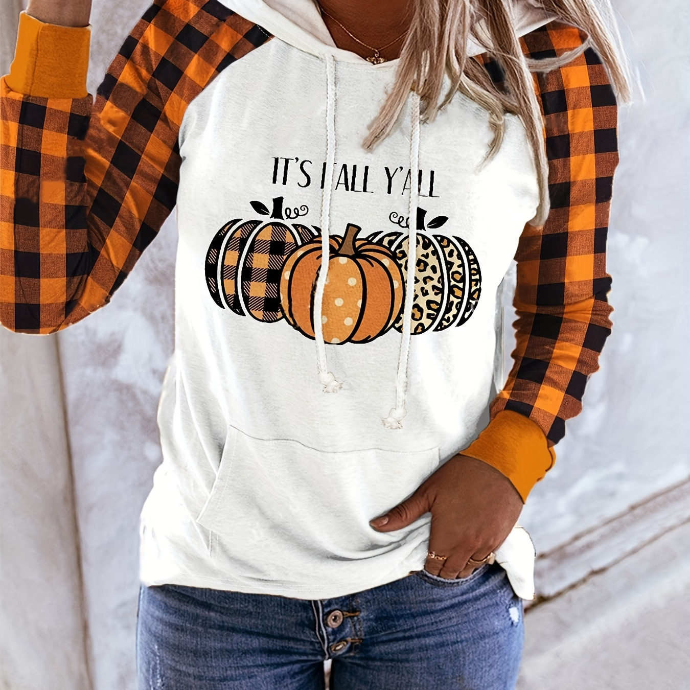 

It's Fall Y'all Print Drawstring Hoodie, Casual Long Sleeve Pocket Sweatshirt, Women's Clothing