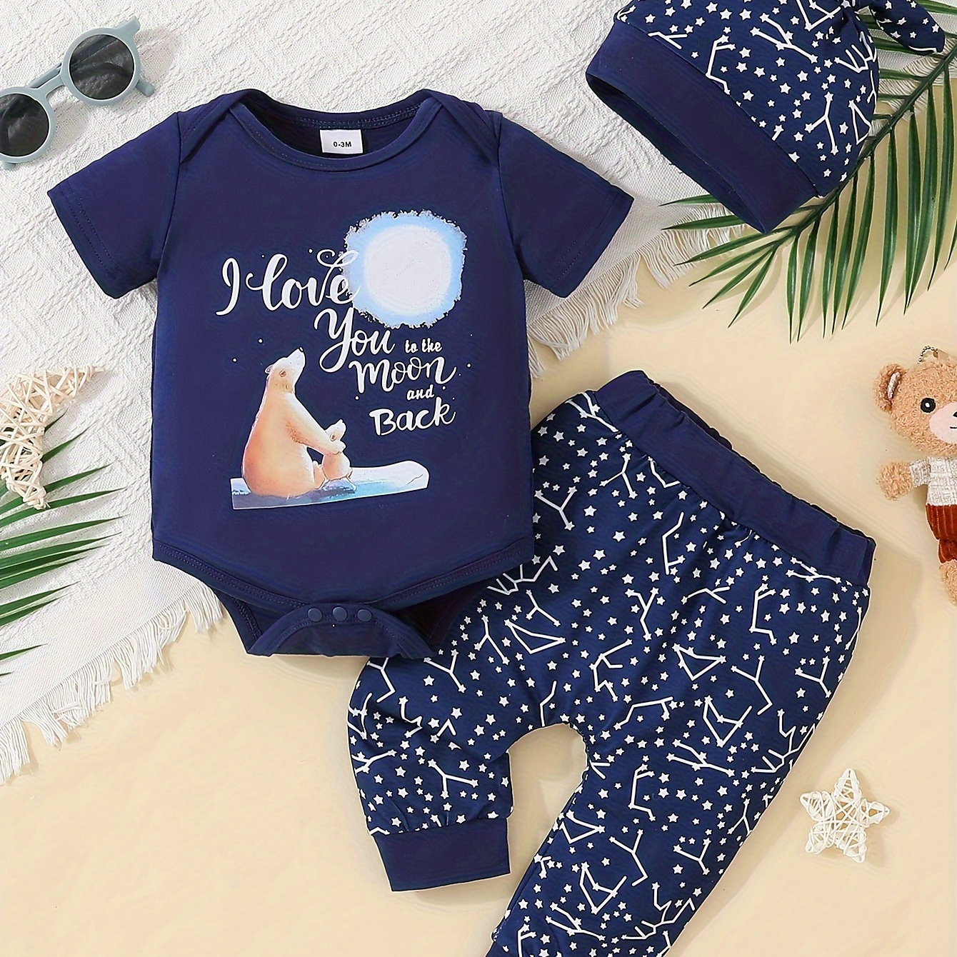 

2pcs Infant's "i Love You" Bear Print Short Sleeve Set, Romper & Casual Pants, Baby Boy's Clothes