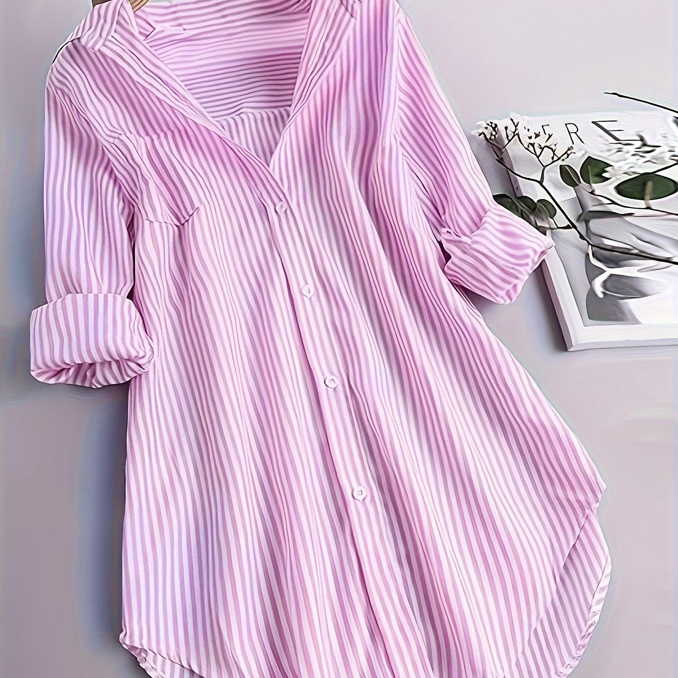 

Striped Button Front Curved Hem Blouse, Casual Long Sleeve Blouse For Spring & Fall, Women's Clothing