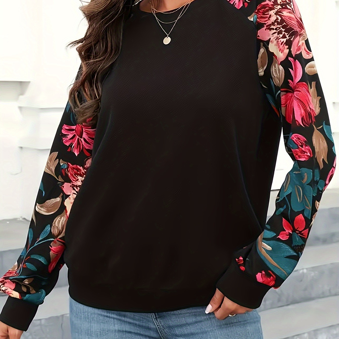 

Floral Print Raglan Sleeve T-shirt, Casual Crew Neck Long Sleeve Top For Fall & Winter, Women's Clothing