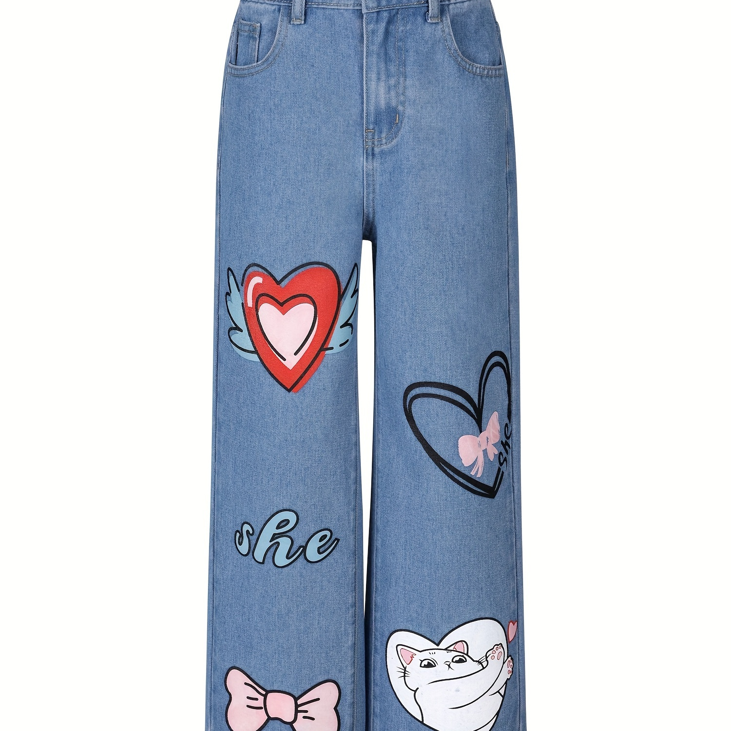 

Kitty Graffiti Design Girls Jeans, Straight Wide Leg Denim Trousers For All Seasons