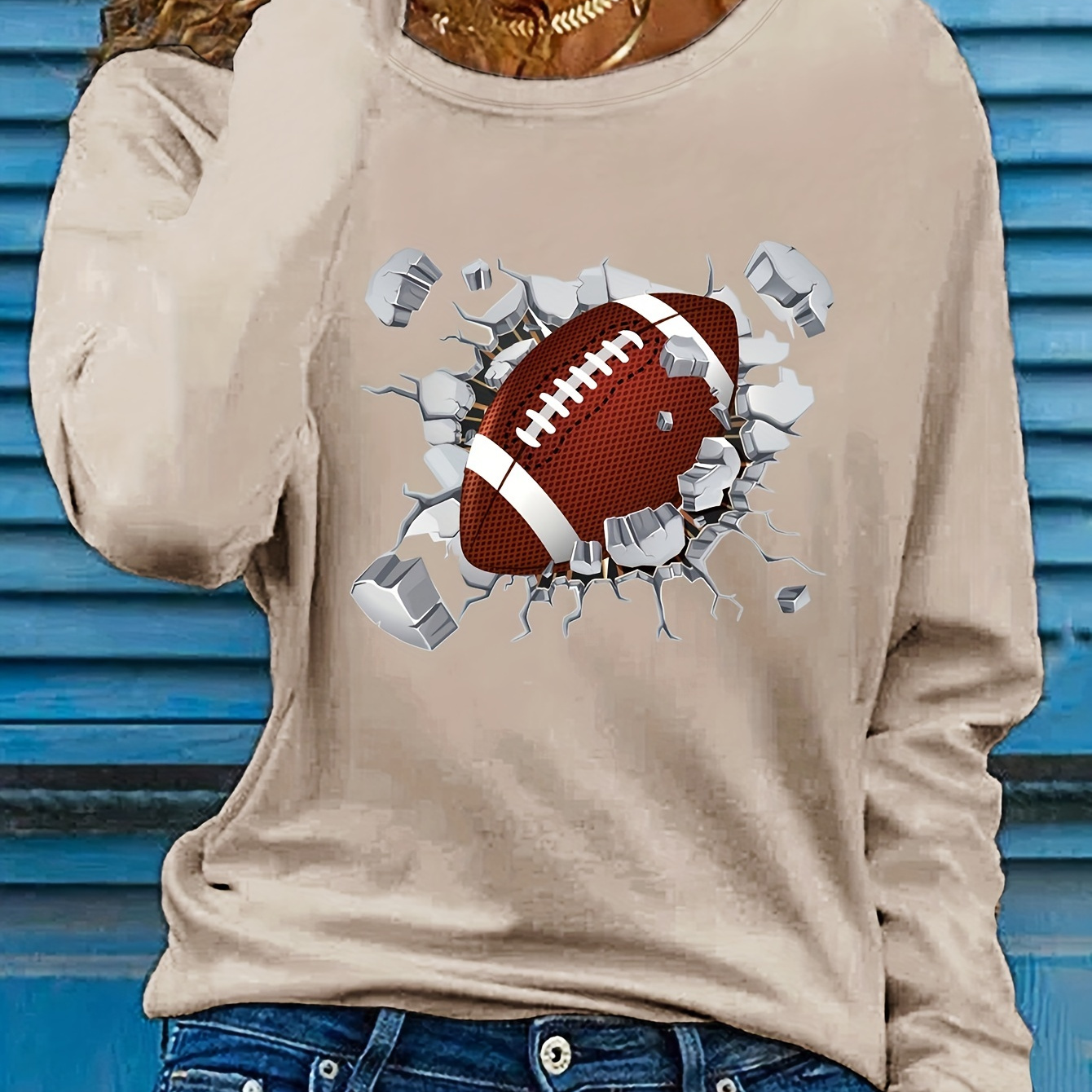 

Women's Casual Crew Neck Long Sleeve T-shirt With 3d Football Applique Graphic, 100% Polyester Knit Fabric, Regular Fit Pullover For Fall Season